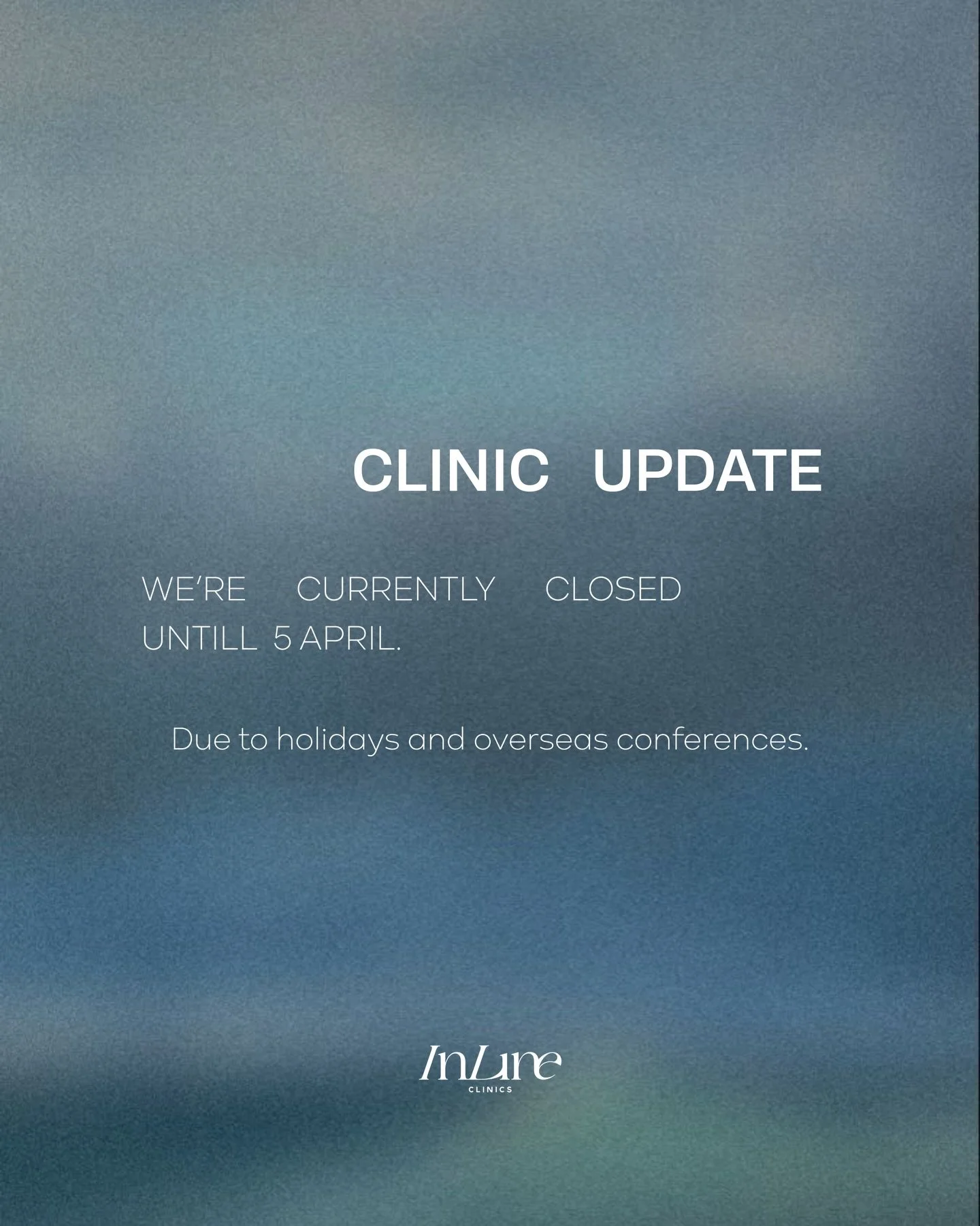 Clinic update

Our clinic is currently closed for holidays and overseas conferences until 5 April.

We&rsquo;ve noticed that a number of waitlist requests have been made for appointments before we reopen. Unfortunately, the clinic will remain closed 