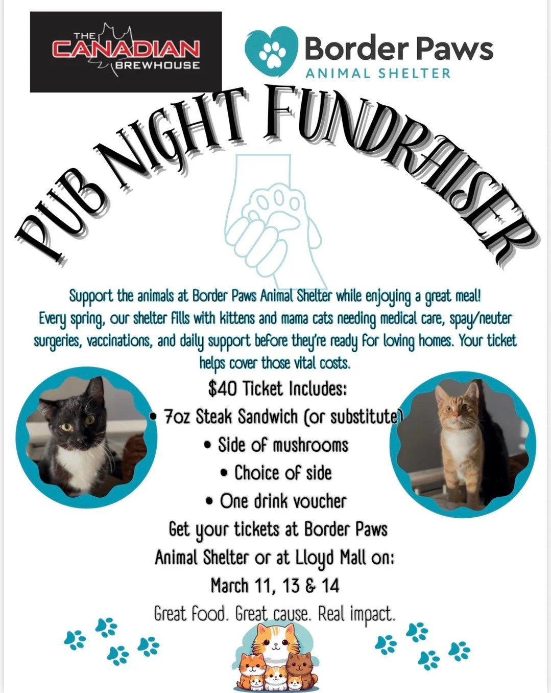 Border Paws is joining us at LloydMall March 11, 13 &amp; 14 to sell tickets for their Pub Night Fundraiser! Come on down and support this very worthy cause! 🐾