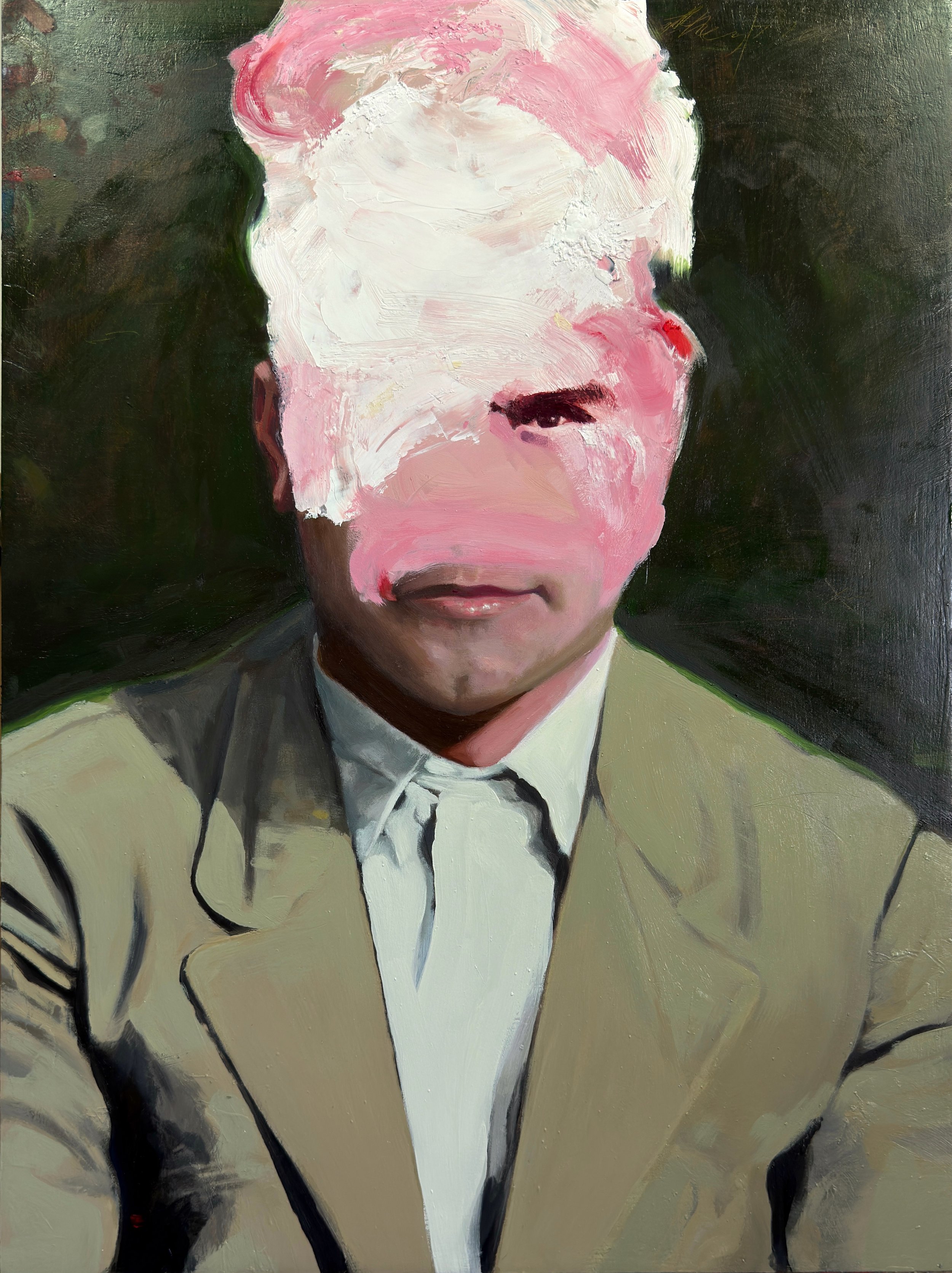 “Untitled (man in a tan suit) 2026. Oil on cradled wood panel, 46x61 cm.