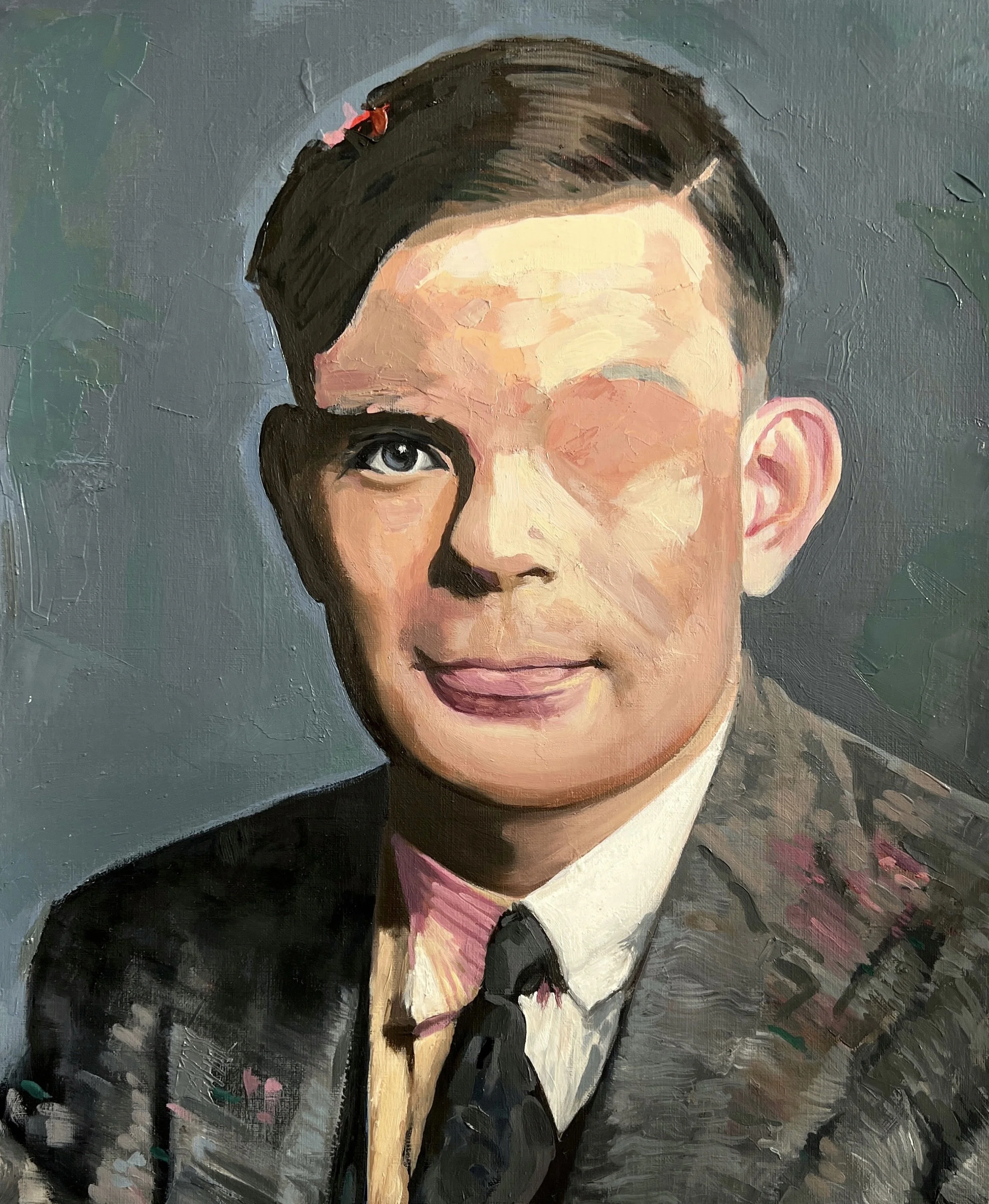 “The Turing notes II” (Study for a portrait of Alan Turing), 2023, Oil and Polymer on cradled wood panel 50x40cm.