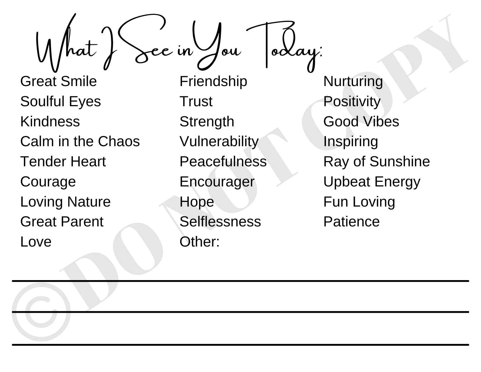 A list titled 'What I See in You Today' with positive words grouped into three columns and three blank lines at the bottom for writing. Observe and Encourage custom made cards for paying it forward