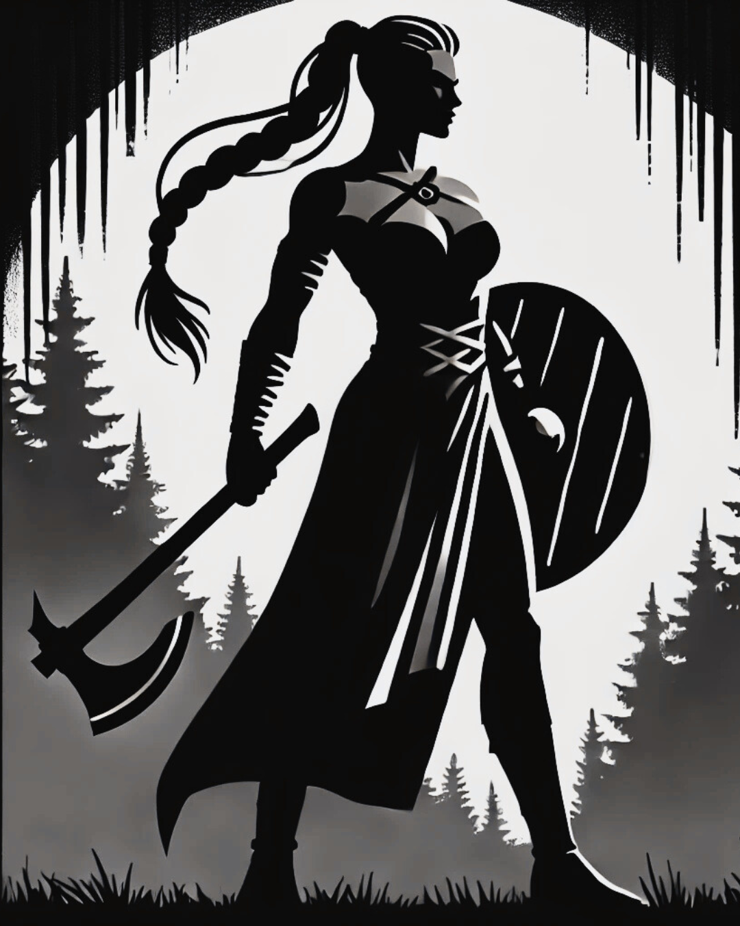 warrior goddess holding ax and shield ready to release her anger