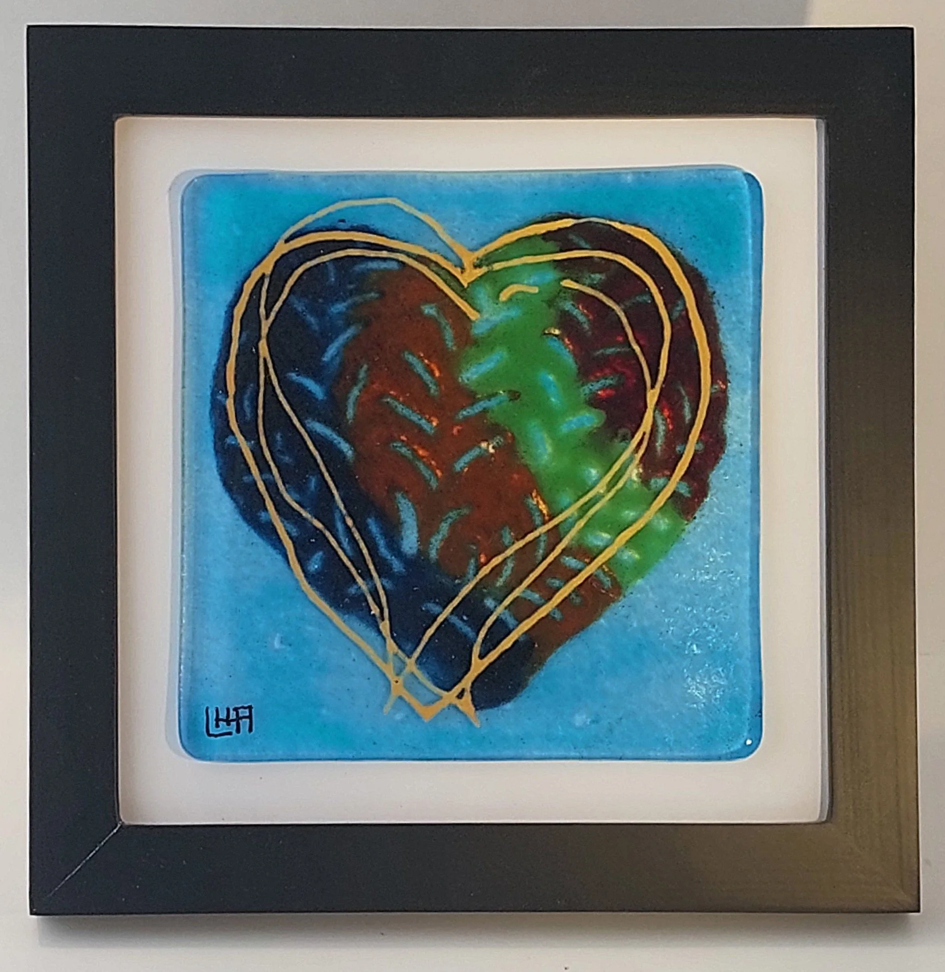 Powder Painted Heart on Aqua Glass by Lavae Aldrich