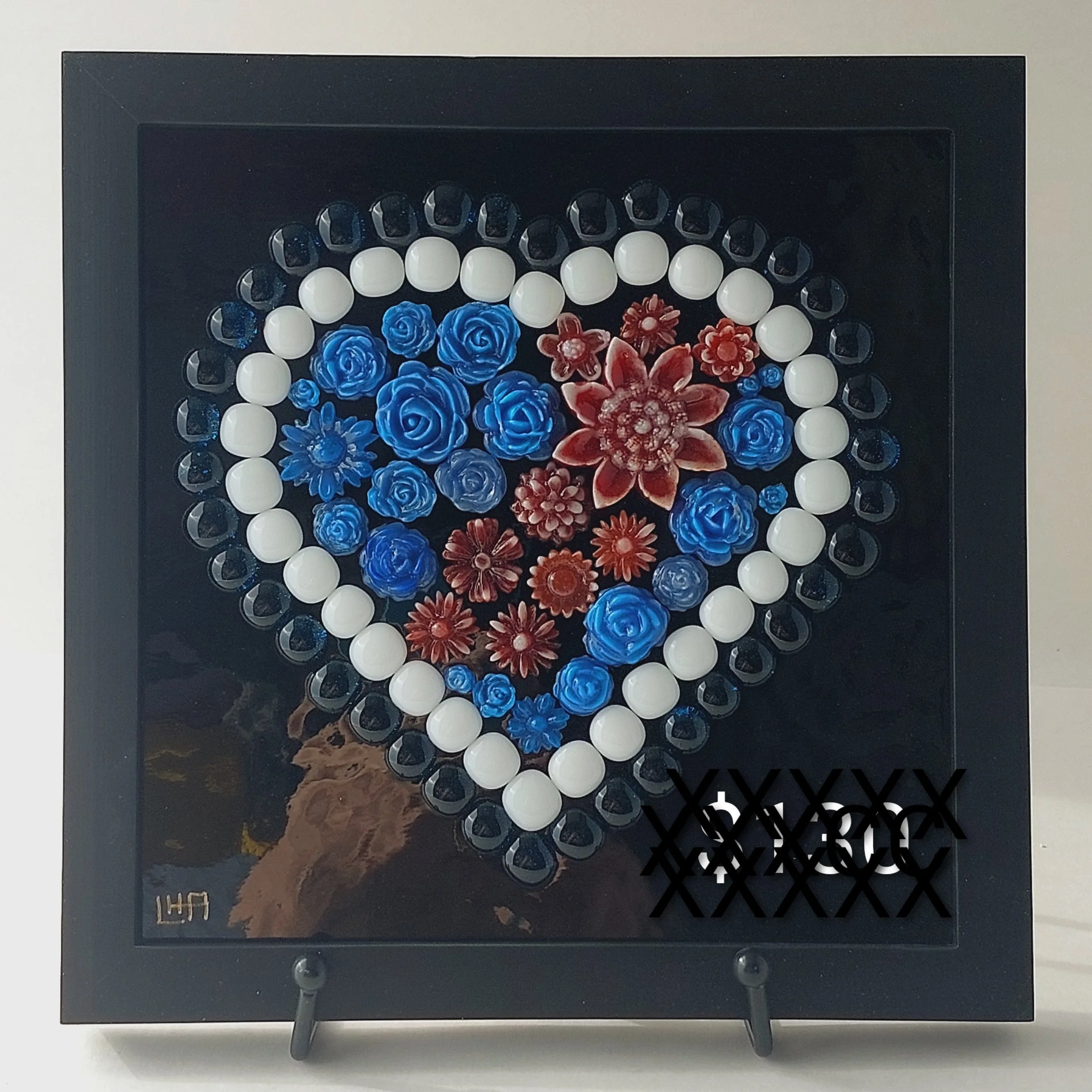 Succulent Heart, Blue and White on Black Glass by Lavae Aldrich