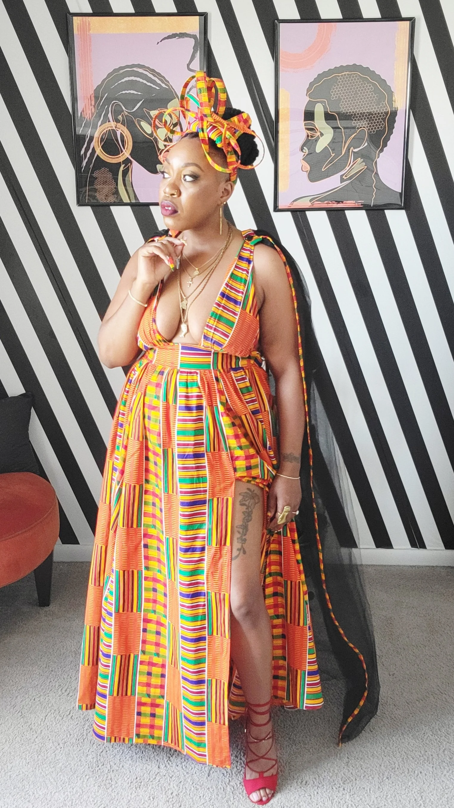 Queen Mother Kente Backless Plunging Dress w/ Abstract Fascinator Crown