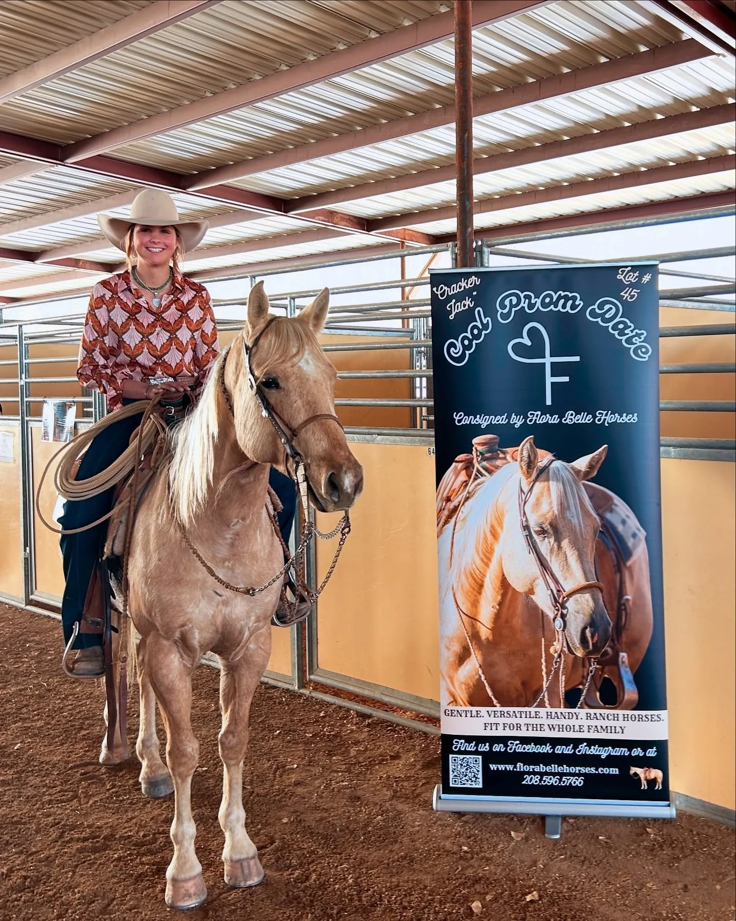 A woman wearing a cowboy hat and a patterned shirt is sitting on a palomino horse inside a horse stable. Next to her is a banner with a photo of a similar horse and the text 'Cool Prairie Dream,' mentioning it as a ranch horse with contact information and social media details.