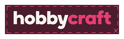 Hobbycraft logo with white and pink text on a dark pink background