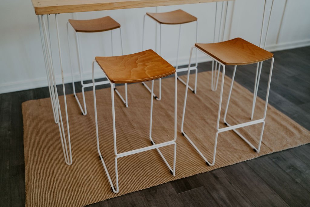 Event hire equipment Dunedin - large wooden bar leaner and bar stool collection angle 2.jpg