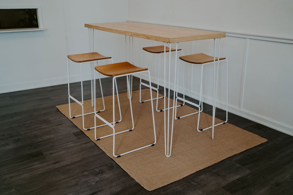 Event hire equipment North Dunedin - large wooden bar leaner and bar stool collection angle 3.jpg