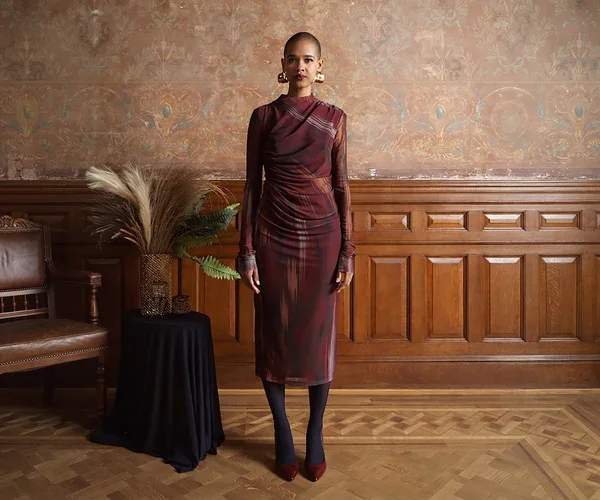 Printed Mesh Ruched Dress