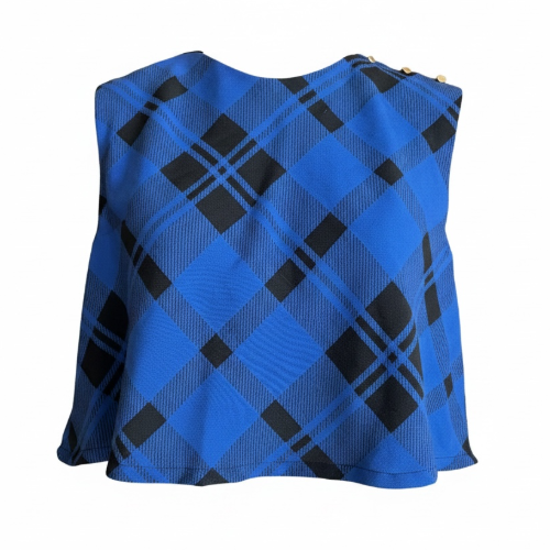 Sapphire Plaid Button-Shoulder Blouse