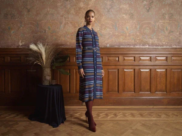 Pointelle Stripe Button Dress - Navy