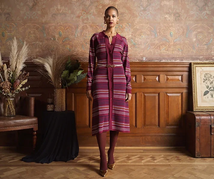 Pointelle Stripe Button Dress - Burgundy