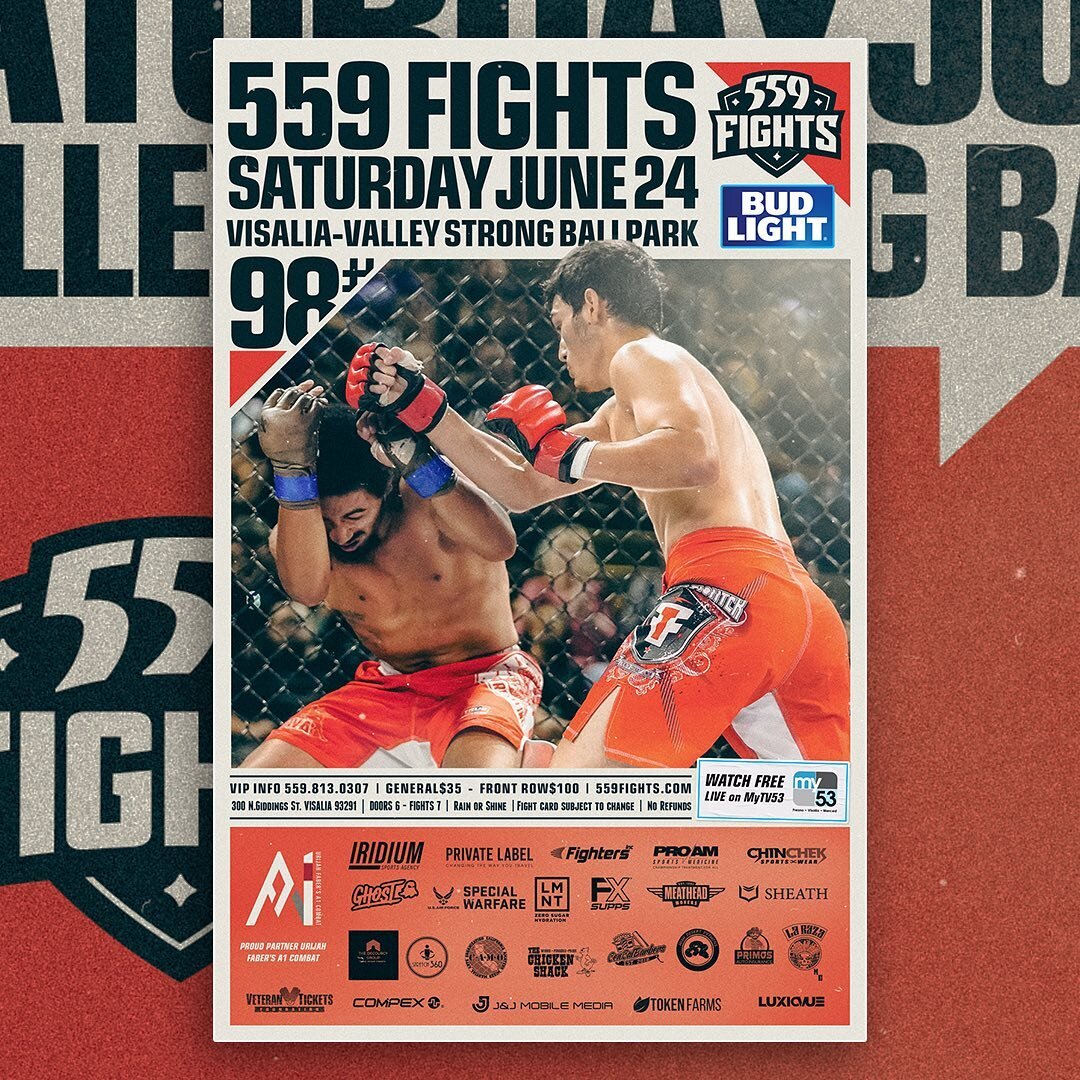 559 Fights MMA event
Poster graphics and marketing design for the fifth live event of the 2023 season.

Congratulations to 559 Fights on their continued growth. You can now watch the fights live with @mytv53_ 
.
.
.
.
.
#GraphicDesign #PosterDesign #