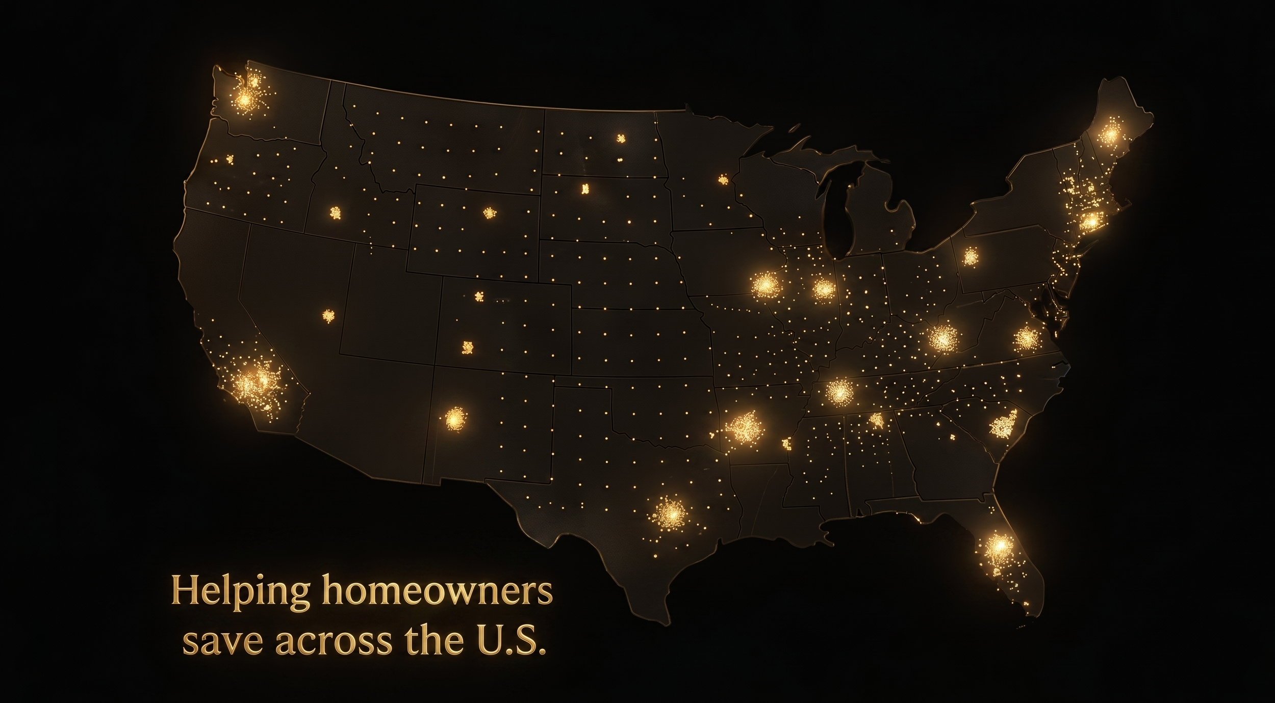 A dark map of the United States illuminated with bright golden lights marking locations across the country. The image includes a partial text reading, 'Helping homeowners save across the U.S.'.