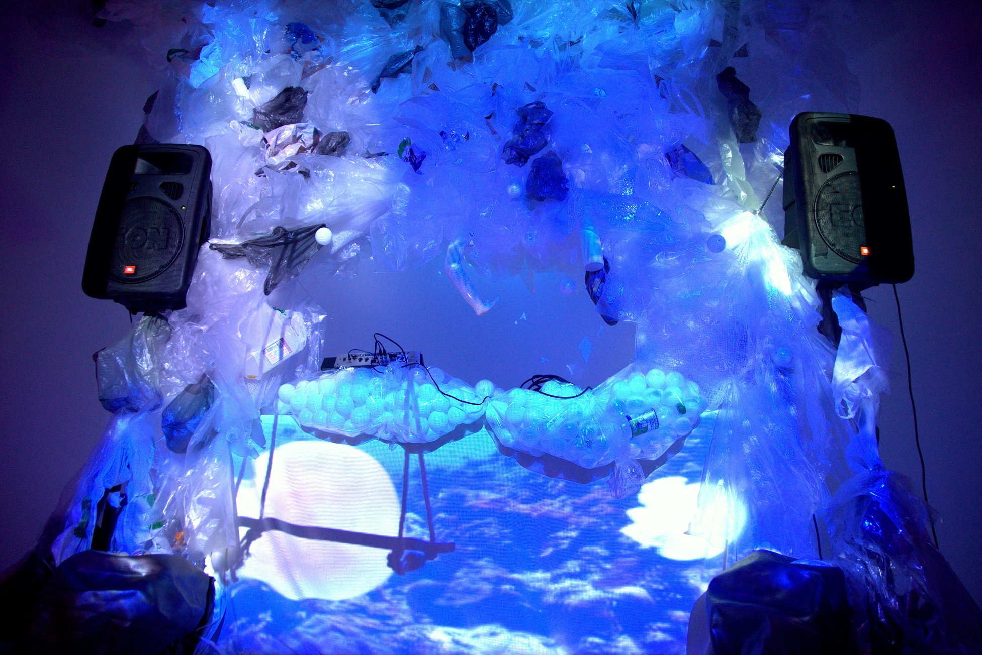 The Plastic Waterfall / Dj Booth by Anne-Sophie Ridelaire. Created from a social experiment. Highlighting and questioning the growing problem of plastic pollution in the world’s oceans and its consequences