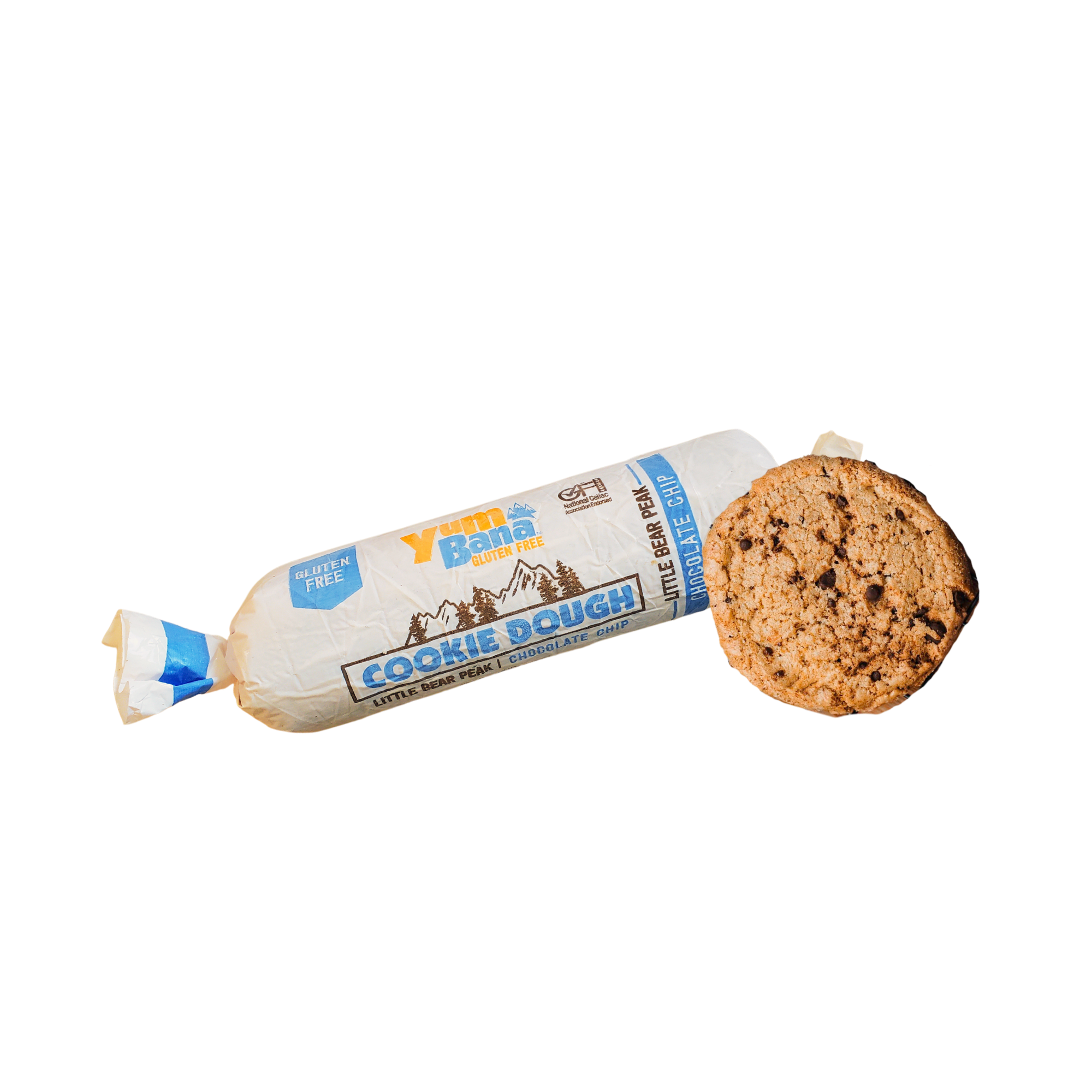 A Yumbana Gluten-Free cookie dough package with a baked cookie