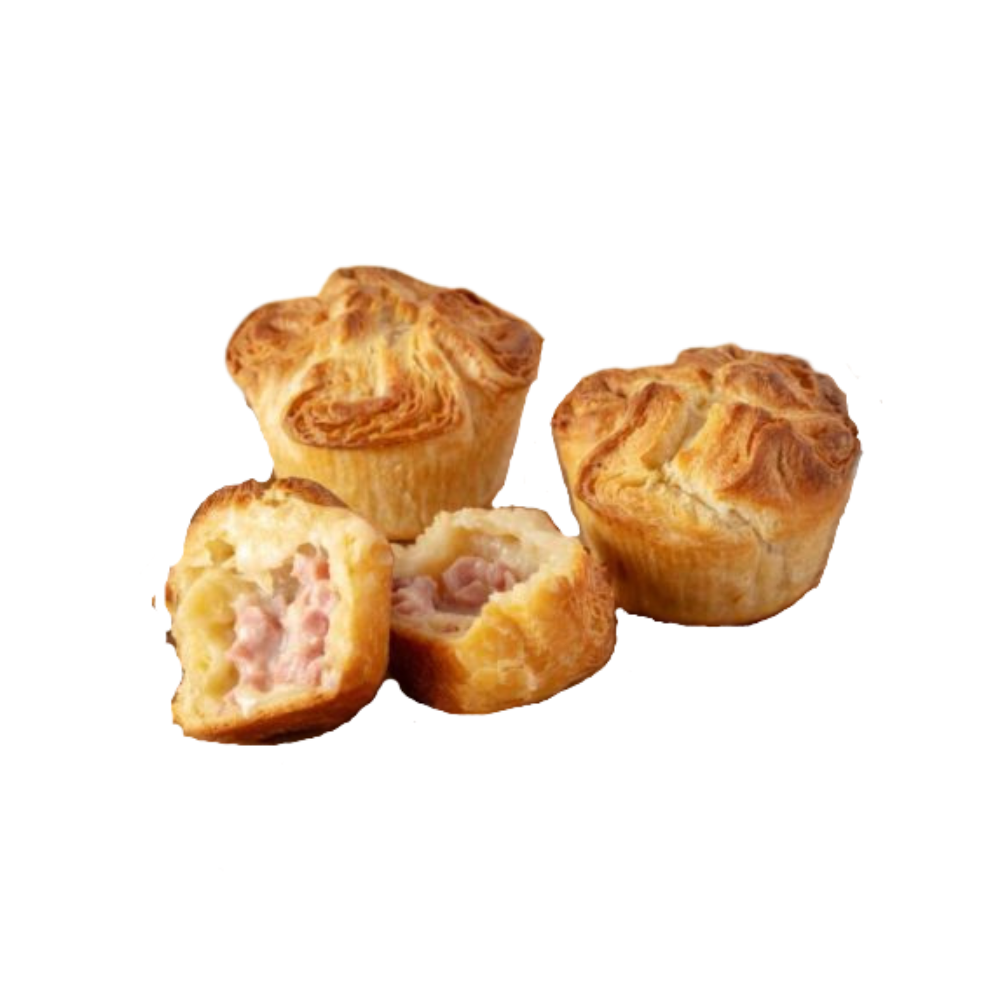 A group of Ham and Cheese flavor croissant crowns with one cut open