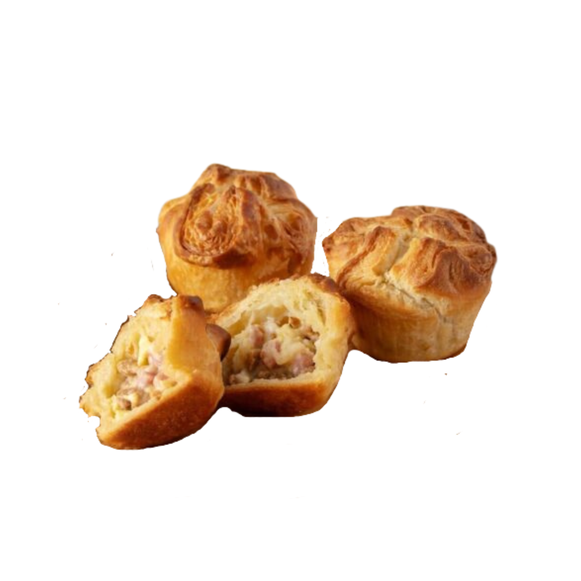 A group of Breakfast flavor croissant crowns with one cut open