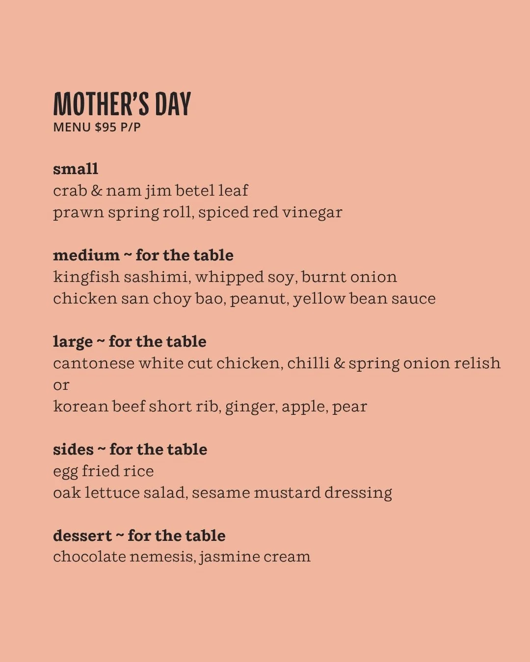 Two Noble Mother's Day Menu