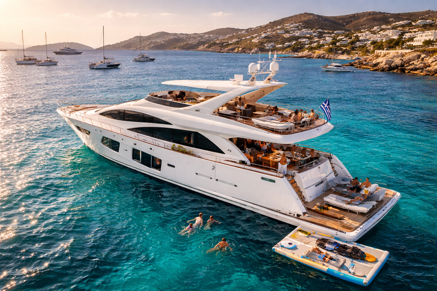 A luxurious white yacht anchored in a clear blue bay with several small boats and sailboats in the background, hillside with white houses, and people swimming around the yacht.
