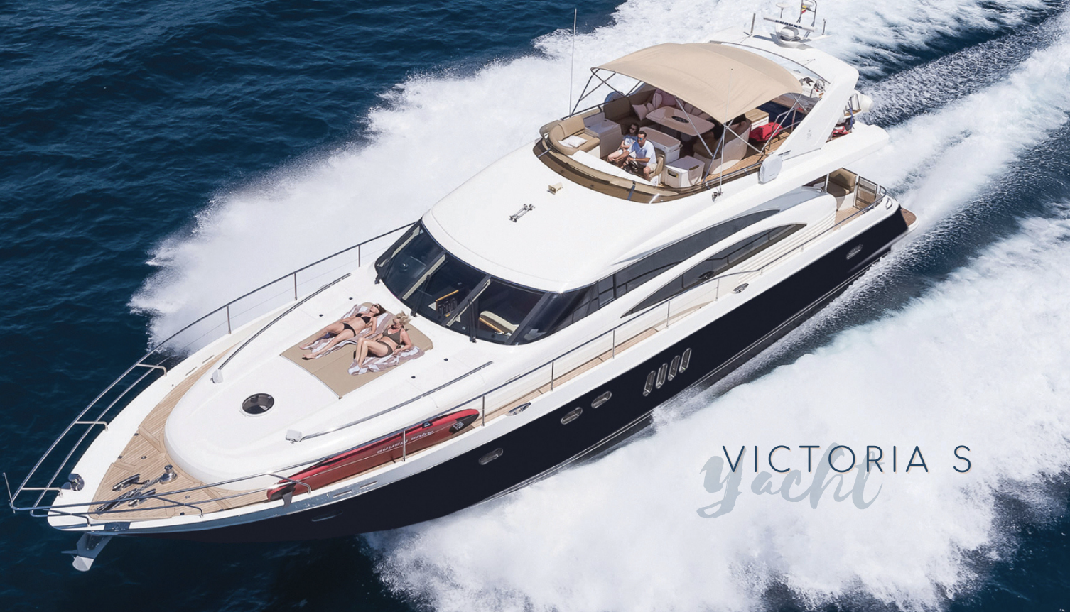 A luxury yacht cruising on the ocean with two people sunbathing on the deck and three people sitting under a canopy, with the text 'Victoria's Yacht' overlaid.