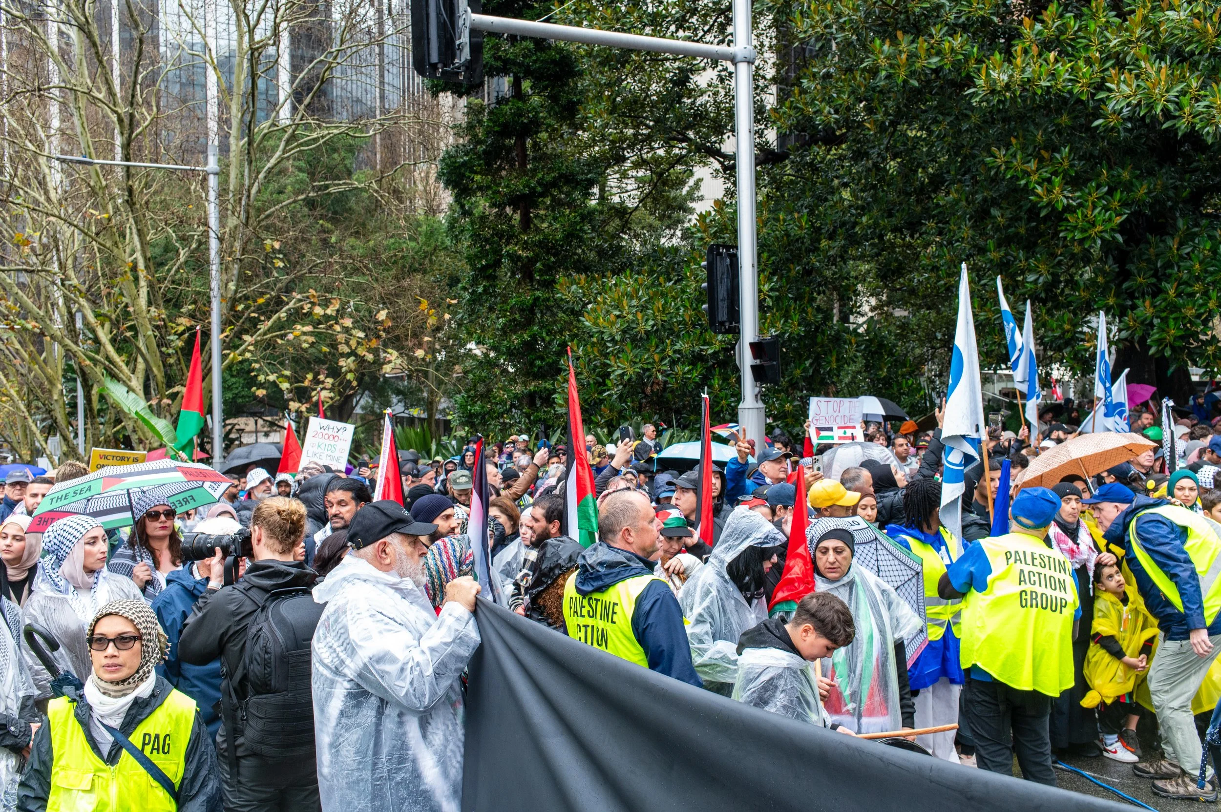Crowd of people protesting outdoors, holding flags and signs, some wearing high-visibility vests, in a park with trees.