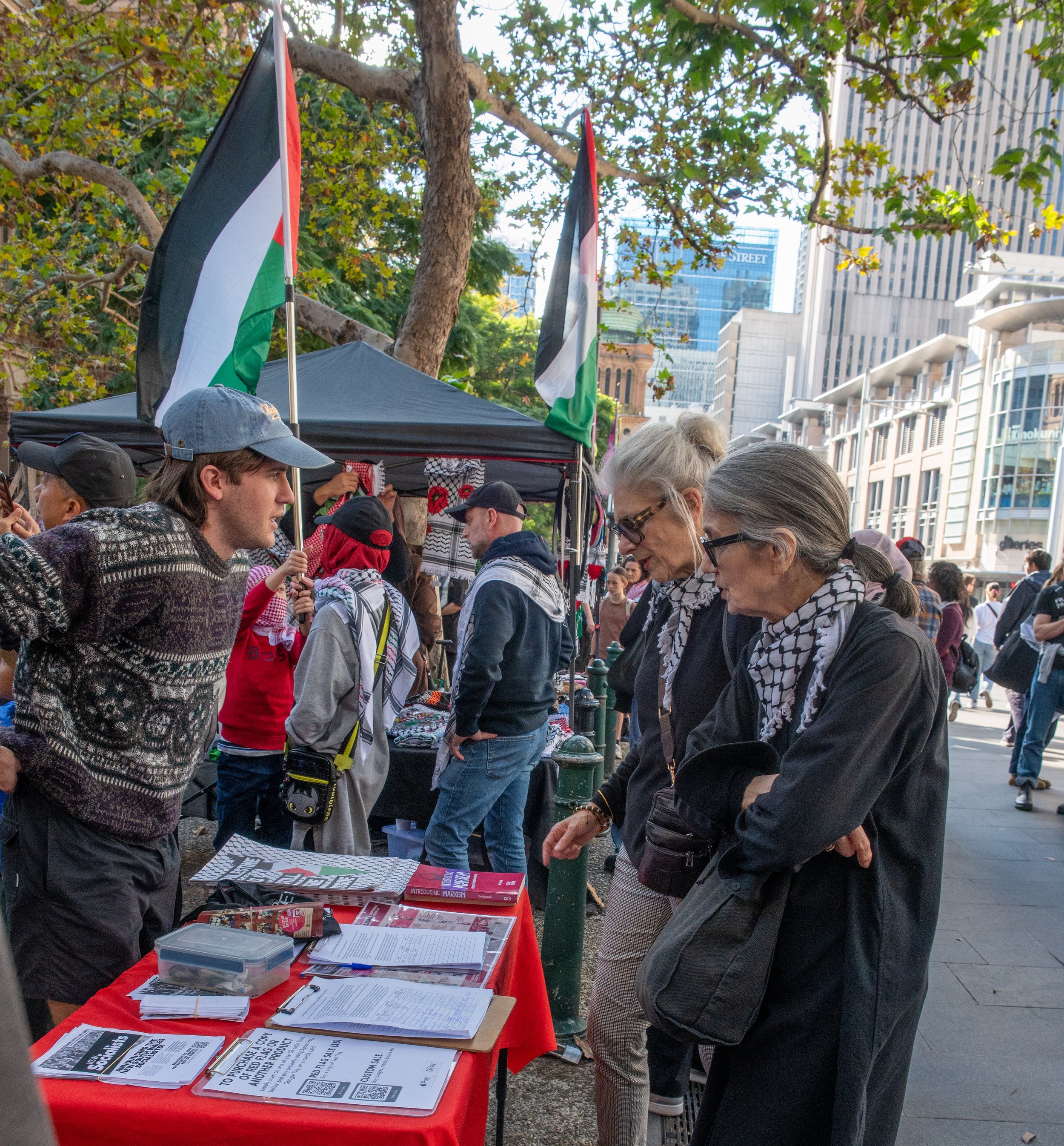 People attending a street event with Palestinian flags, some browsing booths with documents and literature, in an urban setting with trees and buildings.