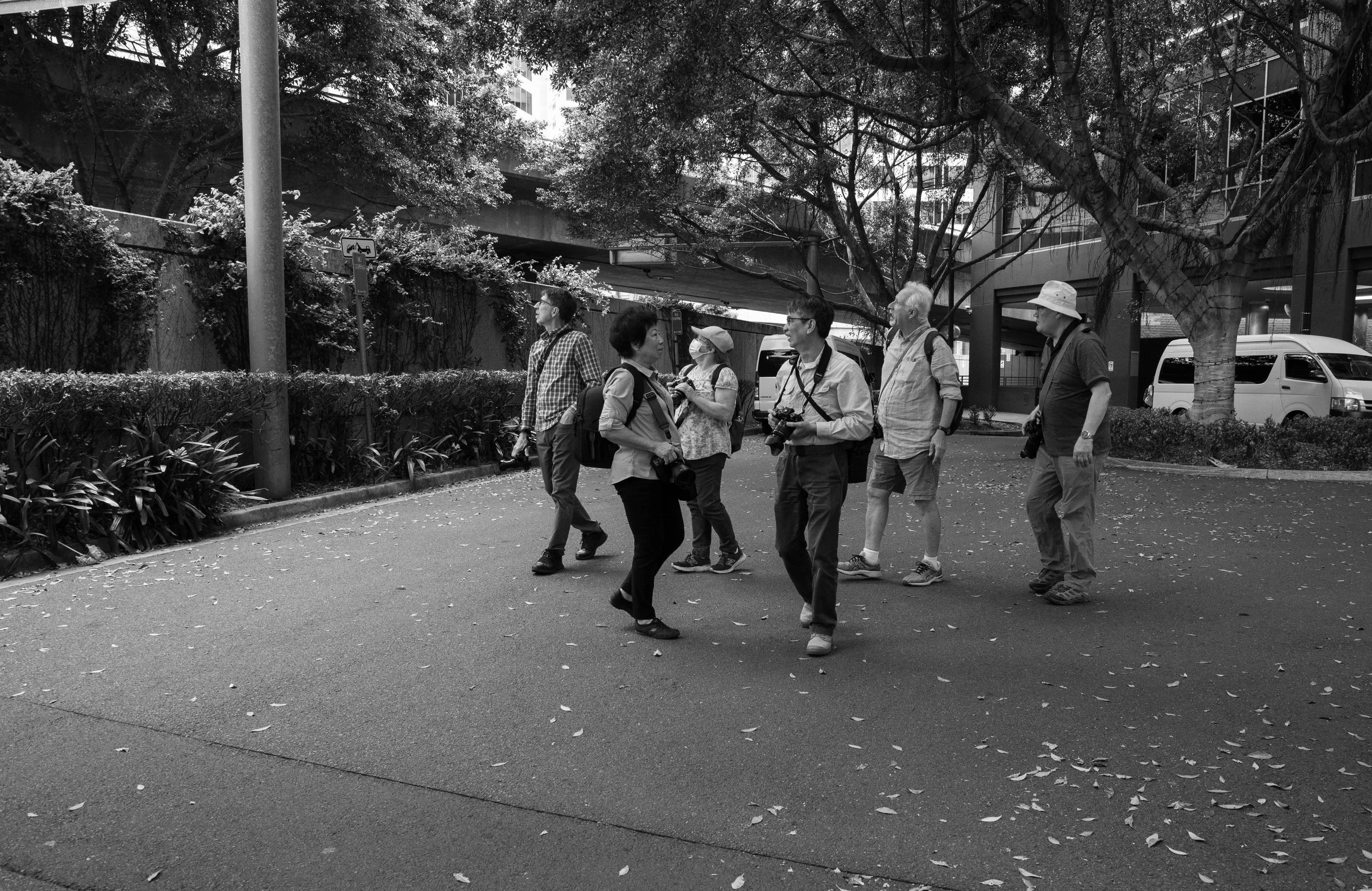 Group of six tourists with cameras walking and chatting in an urban park with trees, bushes, and a van parked nearby.