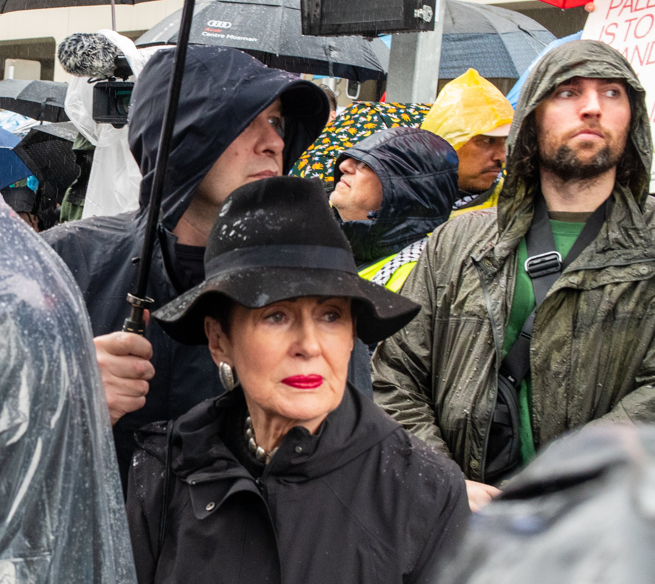 People gathered outdoors in the rain wearing raincoats and holding umbrellas, attending a protest or rally.