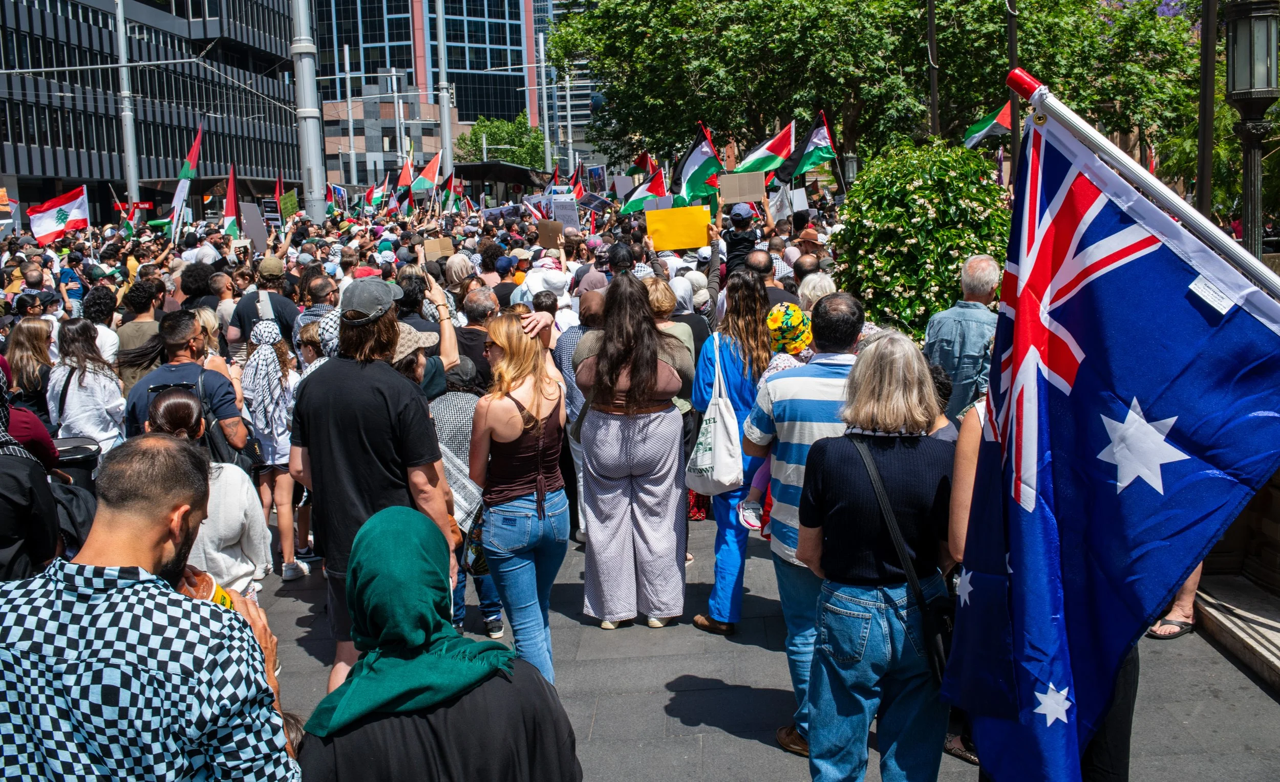 Crowd of protesters holding flags and banners during a demonstration in an urban setting on a sunny day.