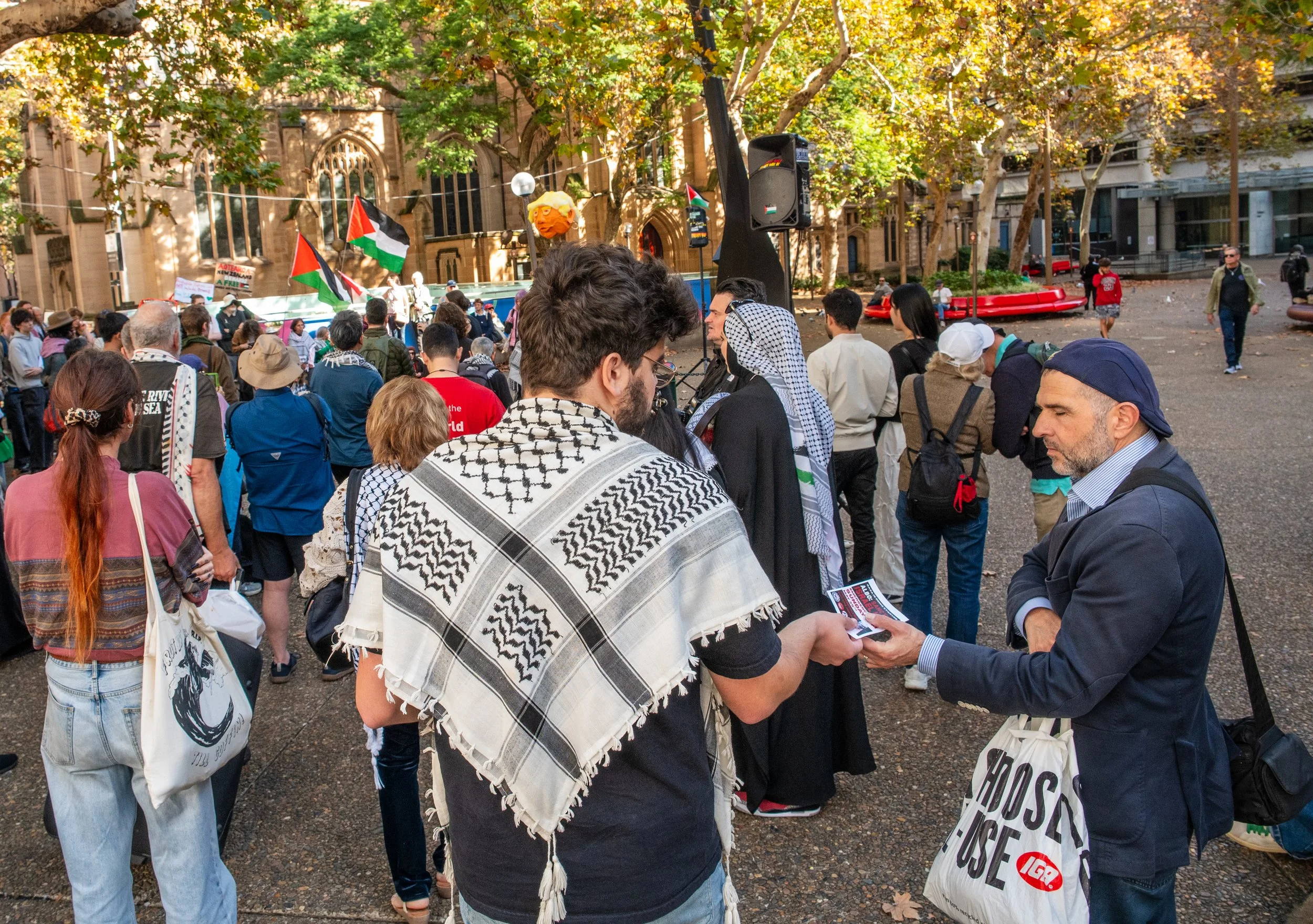 Crowd gathered at a public demonstration in an outdoor park with trees, flags, and a speaker system, engaging in political or social activism.