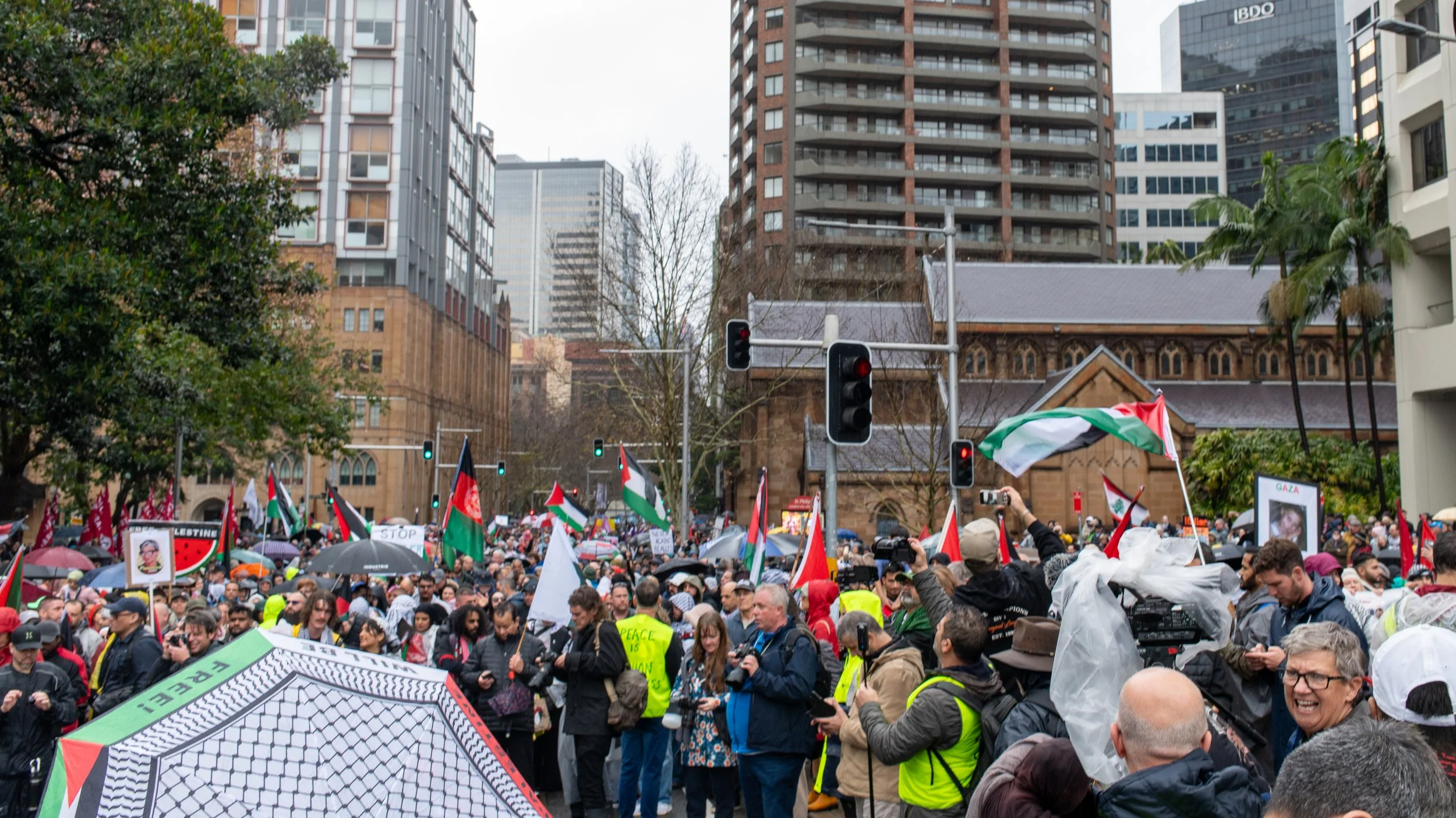 Crowd of protesters in city street holding flags, signs, and umbrellas, with tall buildings and a church in the background.