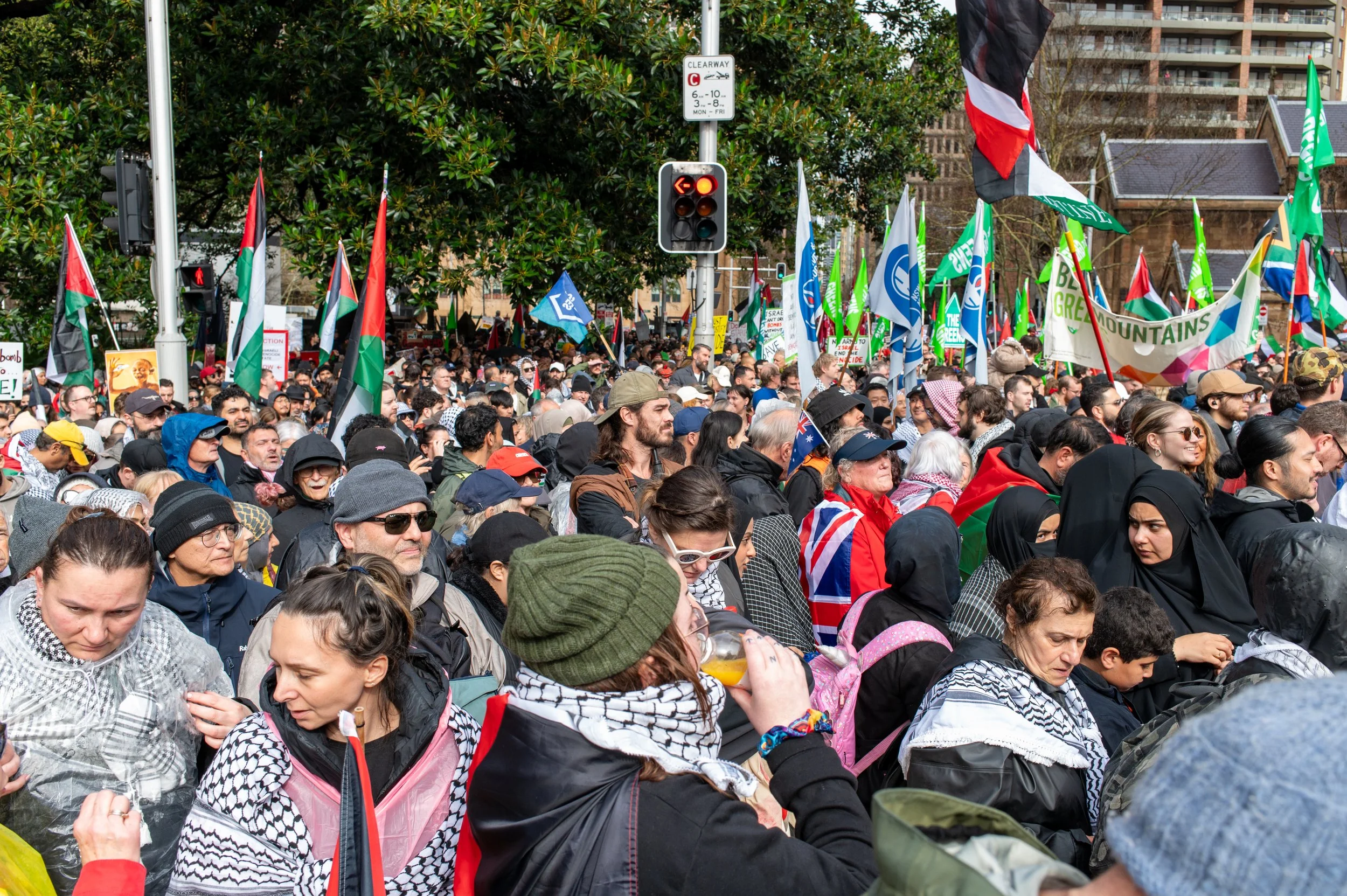 Crowd of protesters gathered in a city street holding flags including Palestinian, Australian, and Greenpeace flags, with some people wearing headscarves, hats, and sunglasses. There are trees and buildings in the background.