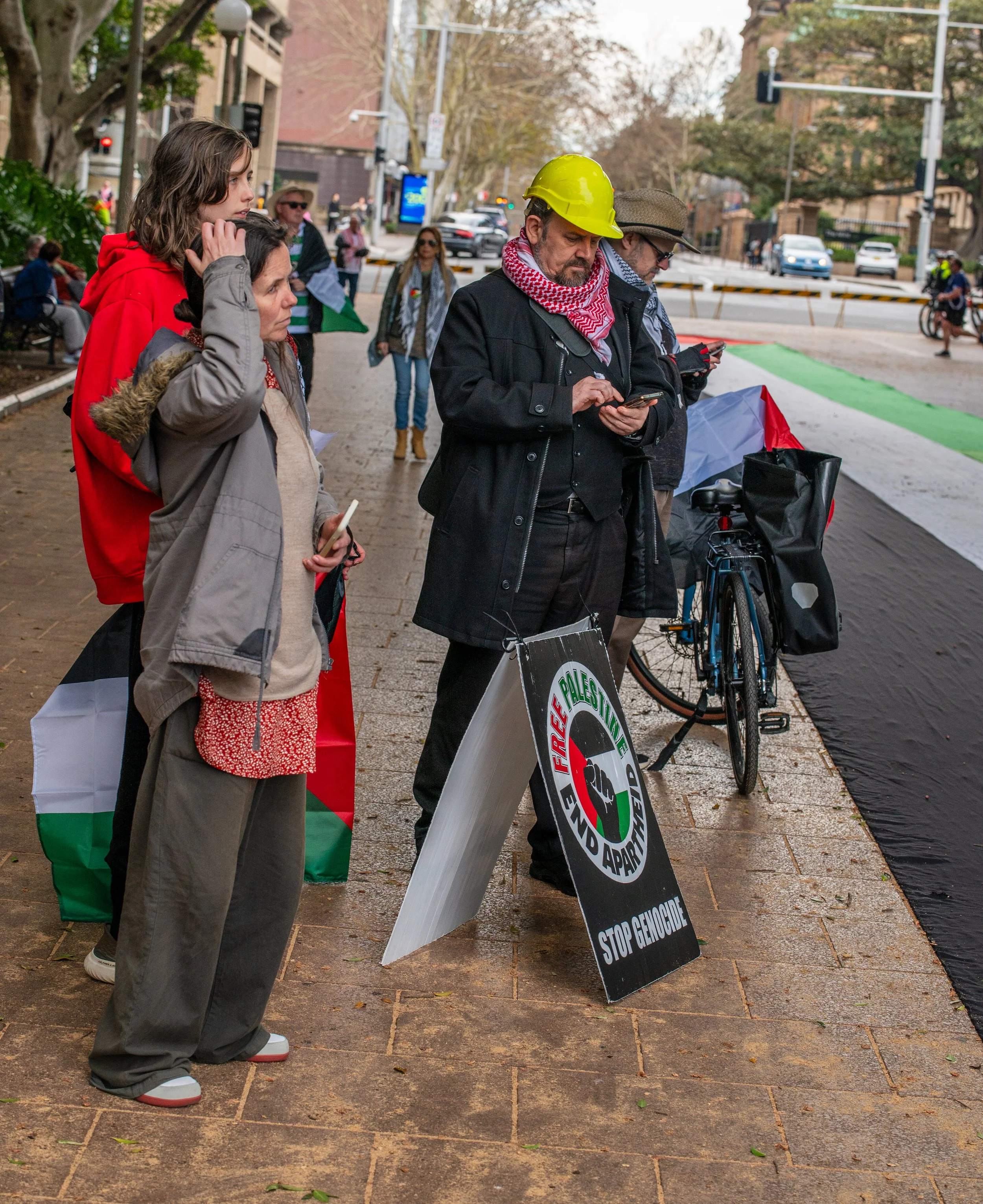 Group of protesters standing on sidewalk, holding Palestinian flags and signs, with one sign reading "Stop Genocide" and made by Free Palestine.