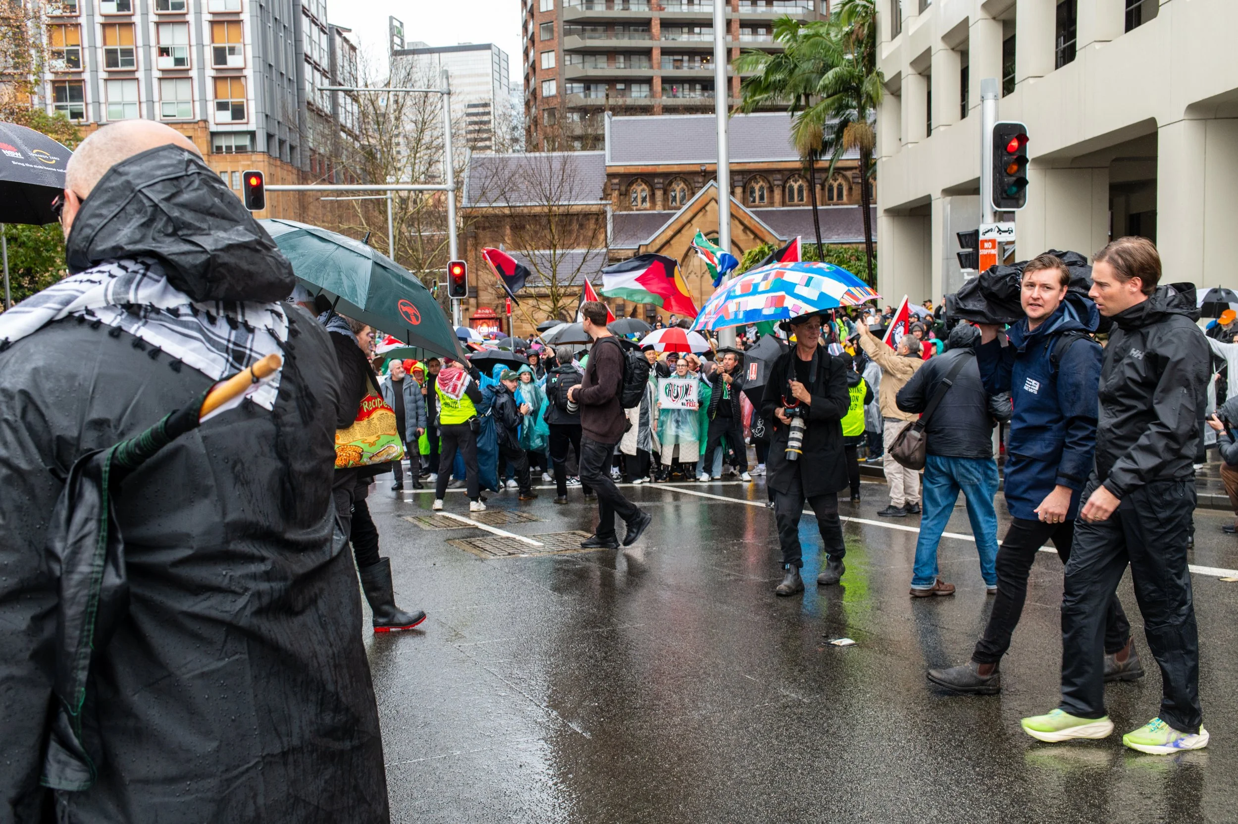 A crowd of people gathered on a rainy city street holding umbrellas, some with flags, during a protest or demonstration.