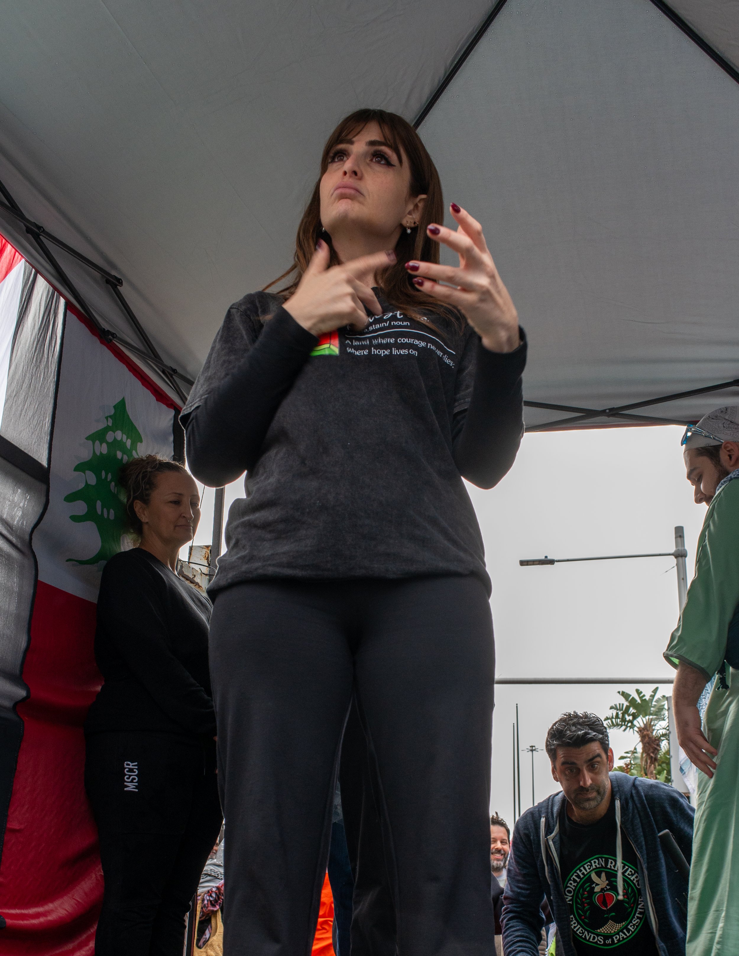 A woman with dark hair and dark clothing standing in front of a Lebanon flag, gesturing with her hand, in an outdoor setting with a tent overhead and other people around.