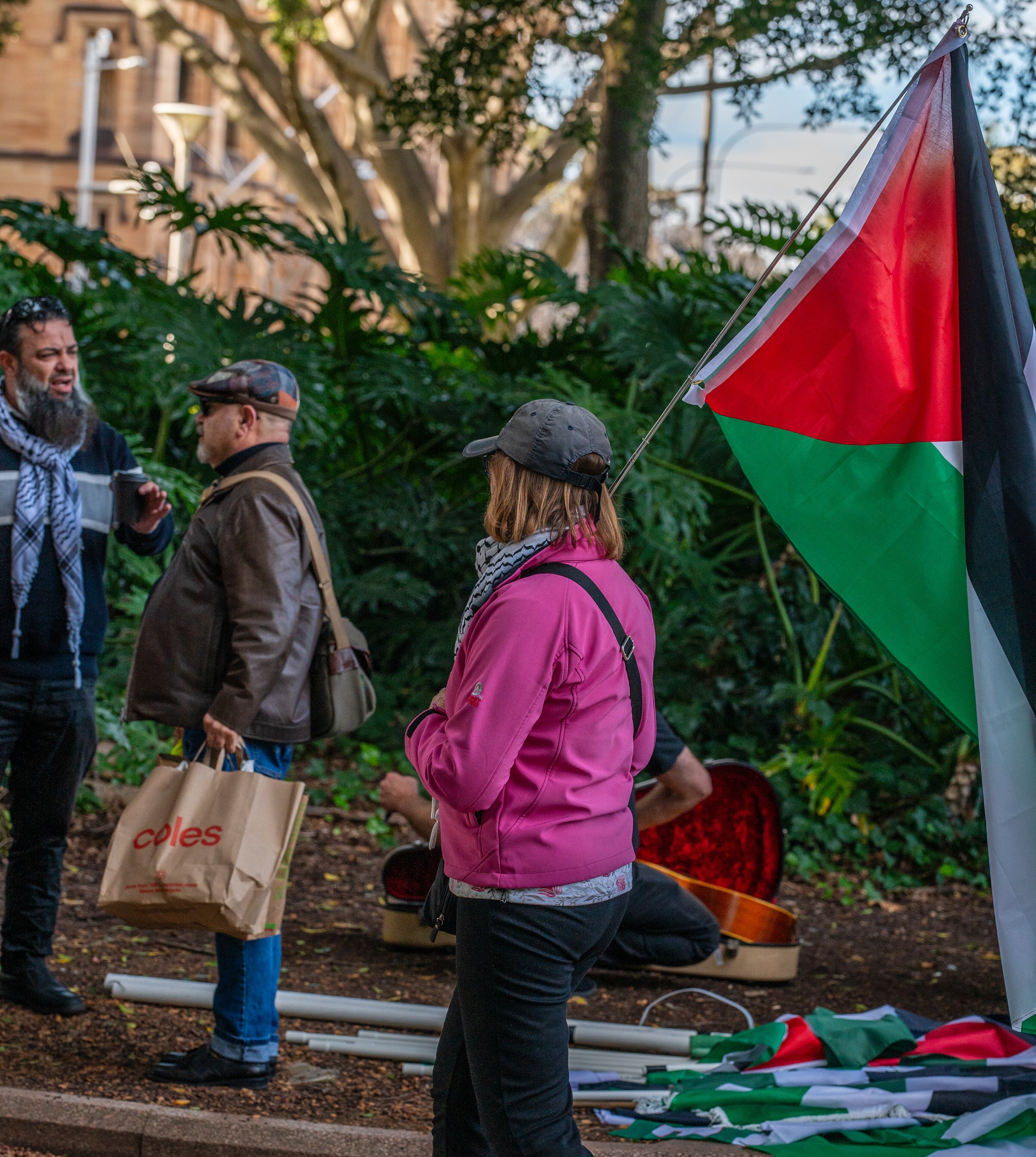 A woman with a pink jacket and gray hat holding a flag with black, red, green, and white colors, standing near a musician and others in a park setting.