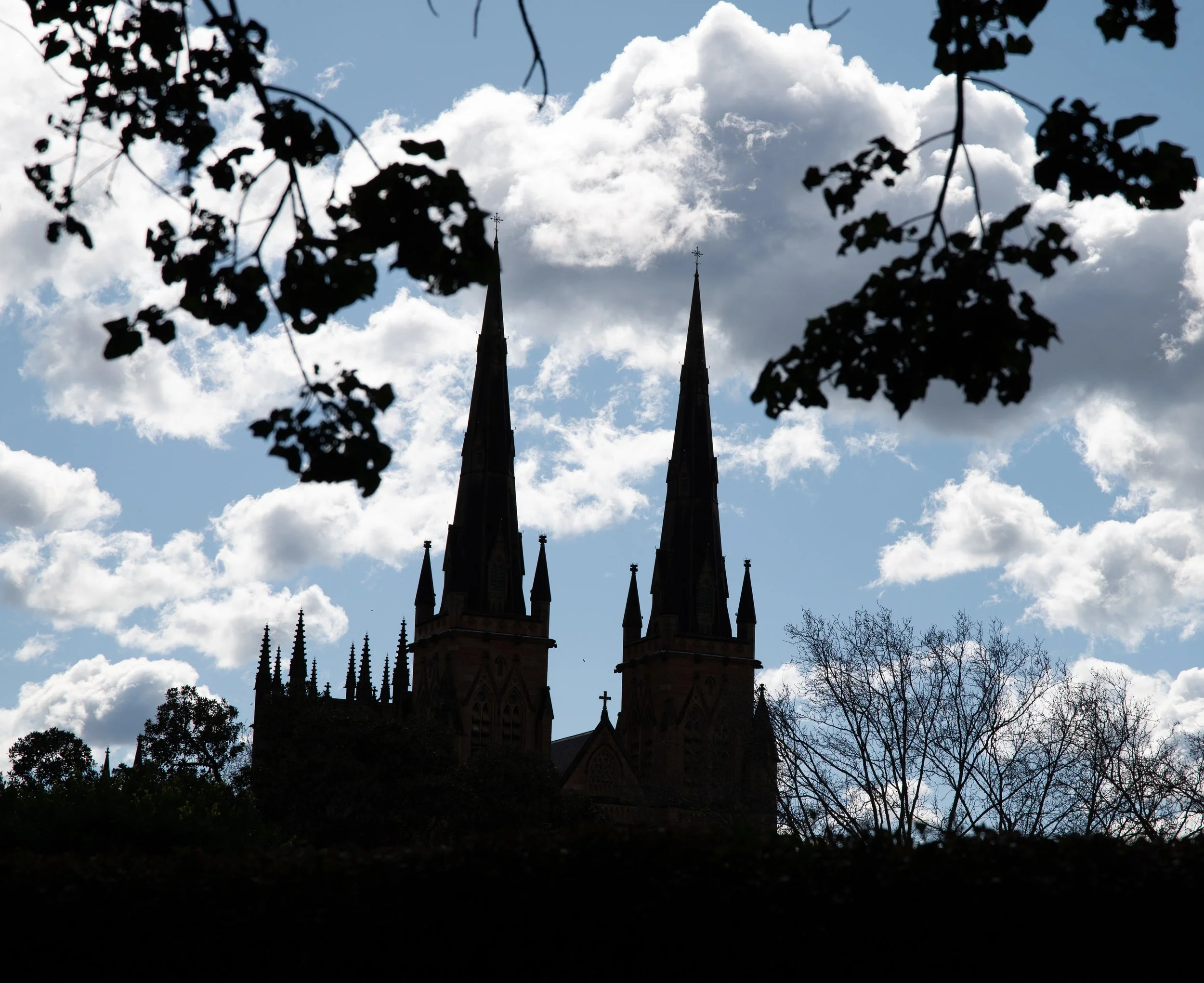 Silhouette of a Gothic-style church with tall spires, set against a partly cloudy sky, with tree branches framing the scene.