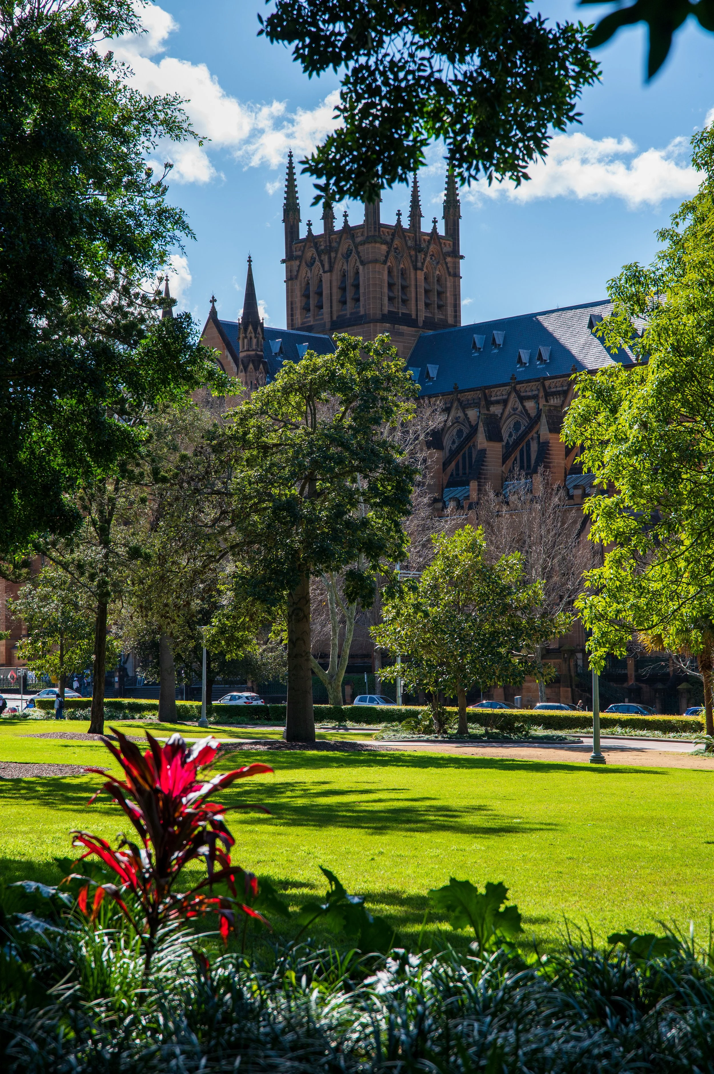 A park with green grass, trees, and blooming plants in the foreground, and a large Gothic-style church or cathedral with spires in the background under a partly cloudy sky.