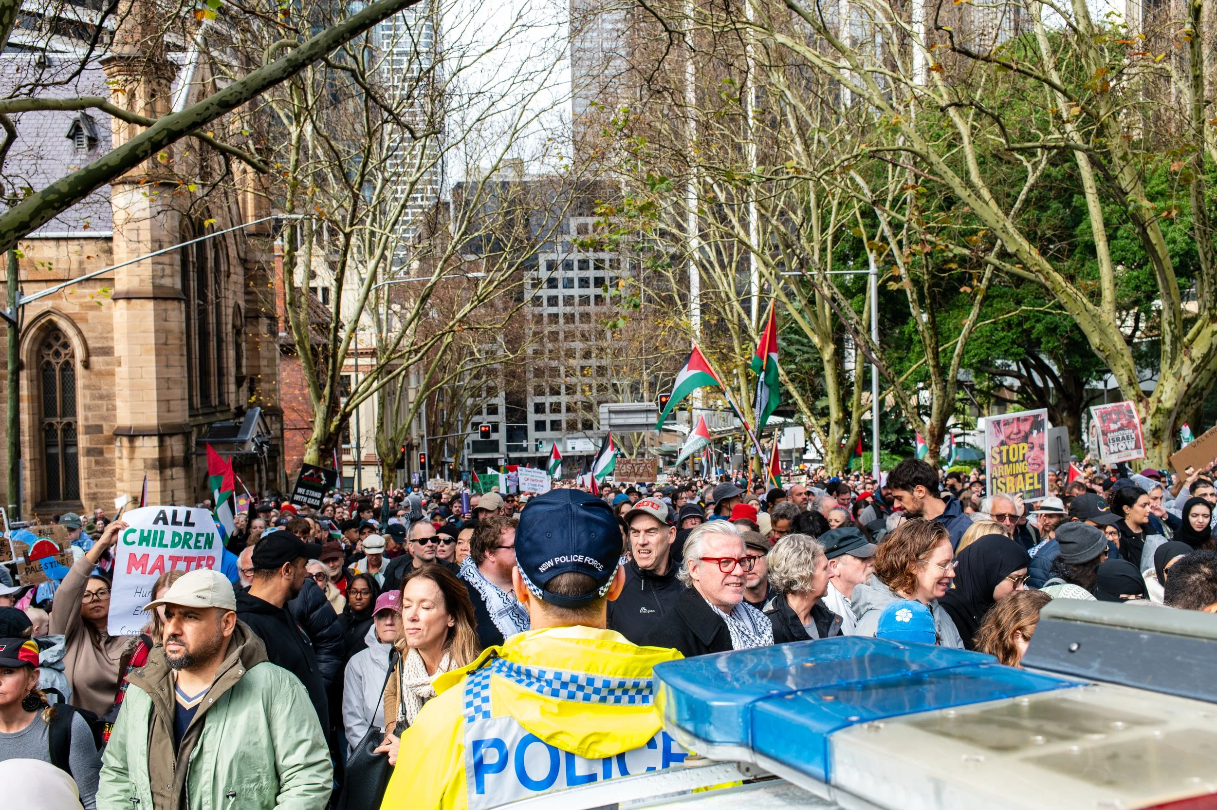 Crowd of protesters holding signs and flags during a demonstration in an outdoor city setting with large trees and historical buildings.
