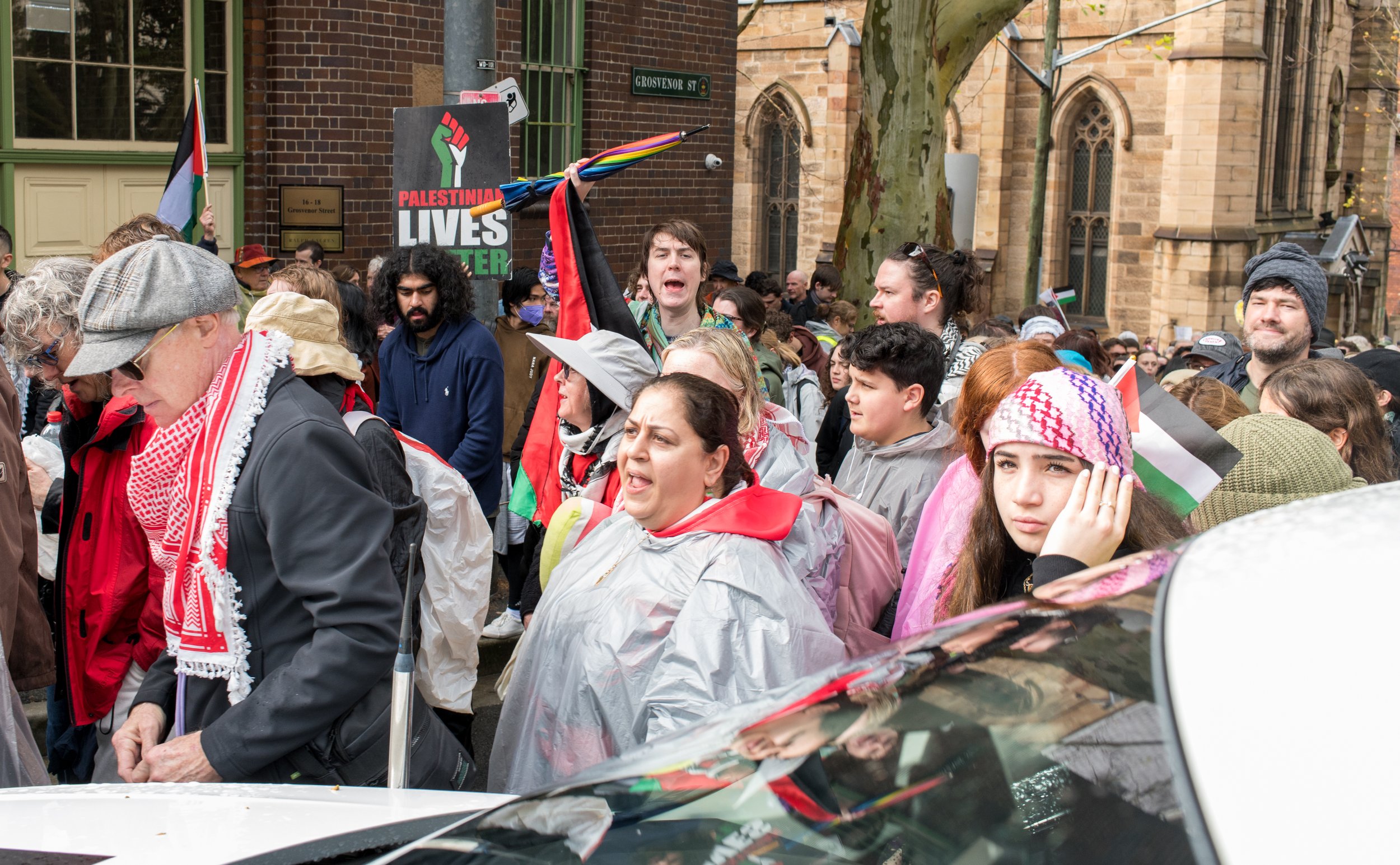 Crowd of protesters participating in a Palestinian rights demonstration on a city street, holding signs and Palestinian flags, with some wearing raincoats.
