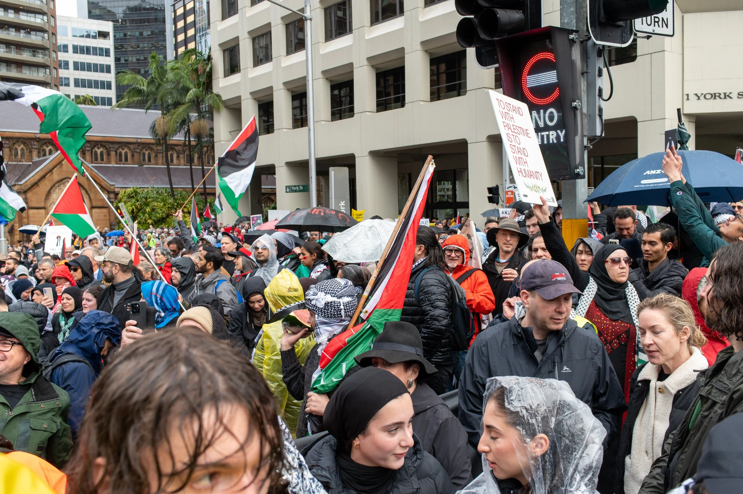 A large crowd of protesters gathered outdoors in a city street, holding Palestinian flags and signs, with some people wearing rain ponchos and umbrellas.