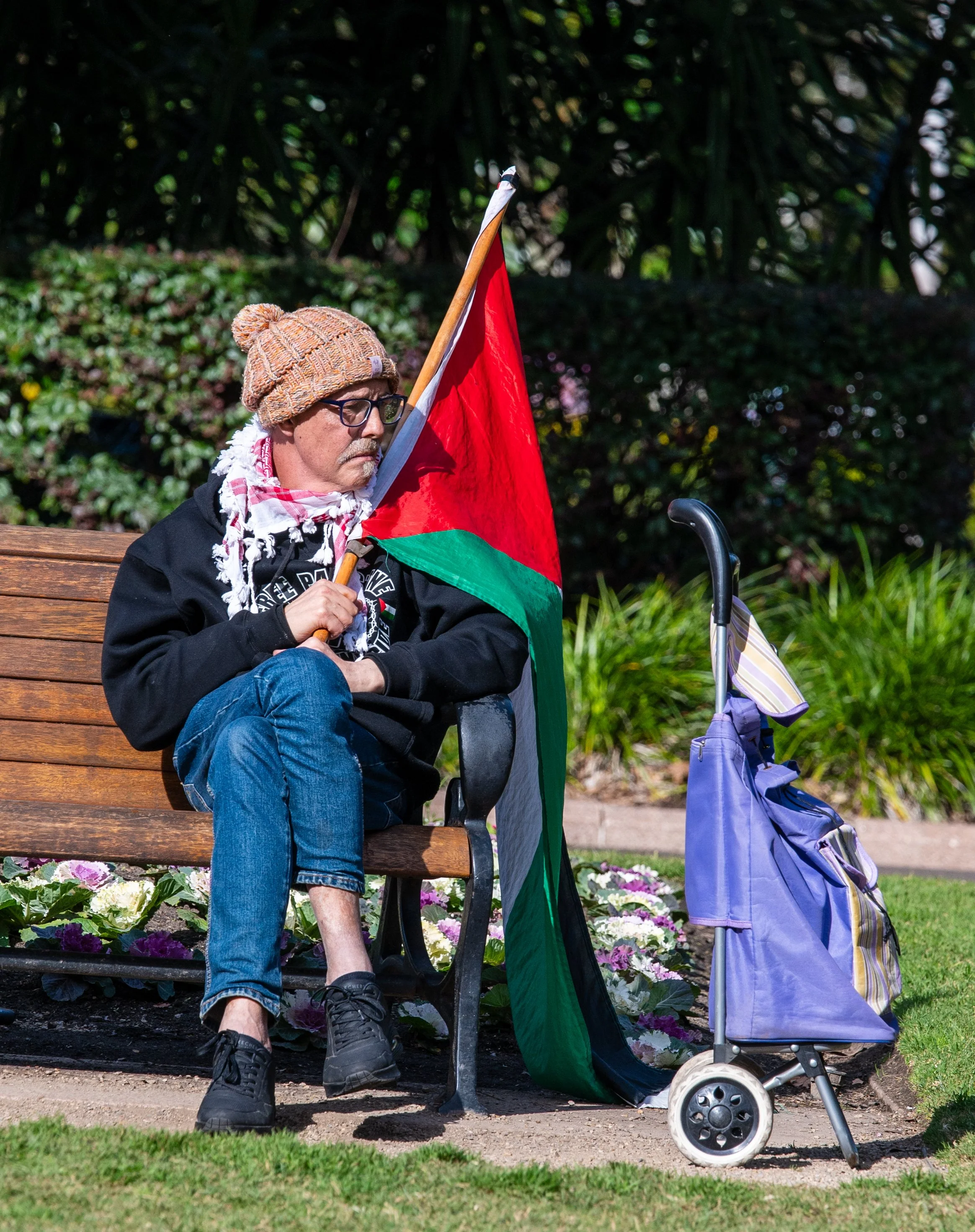 A man sitting on a park bench, holding a large Palestinian flag, wearing a knit hat, glasses, a scarf, a black hoodie, and jeans, with a purple shopping cart nearby in a green park.