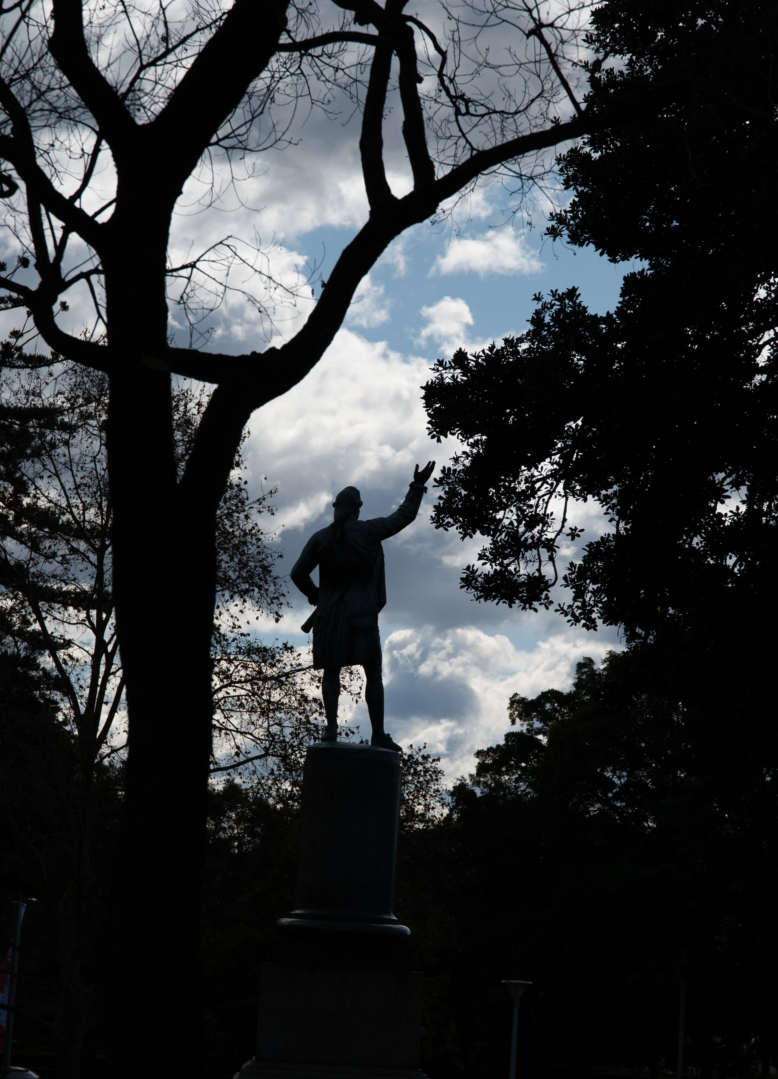 Silhouette of a statue of a man standing on a pedestal, surrounded by trees with a cloudy sky in the background.