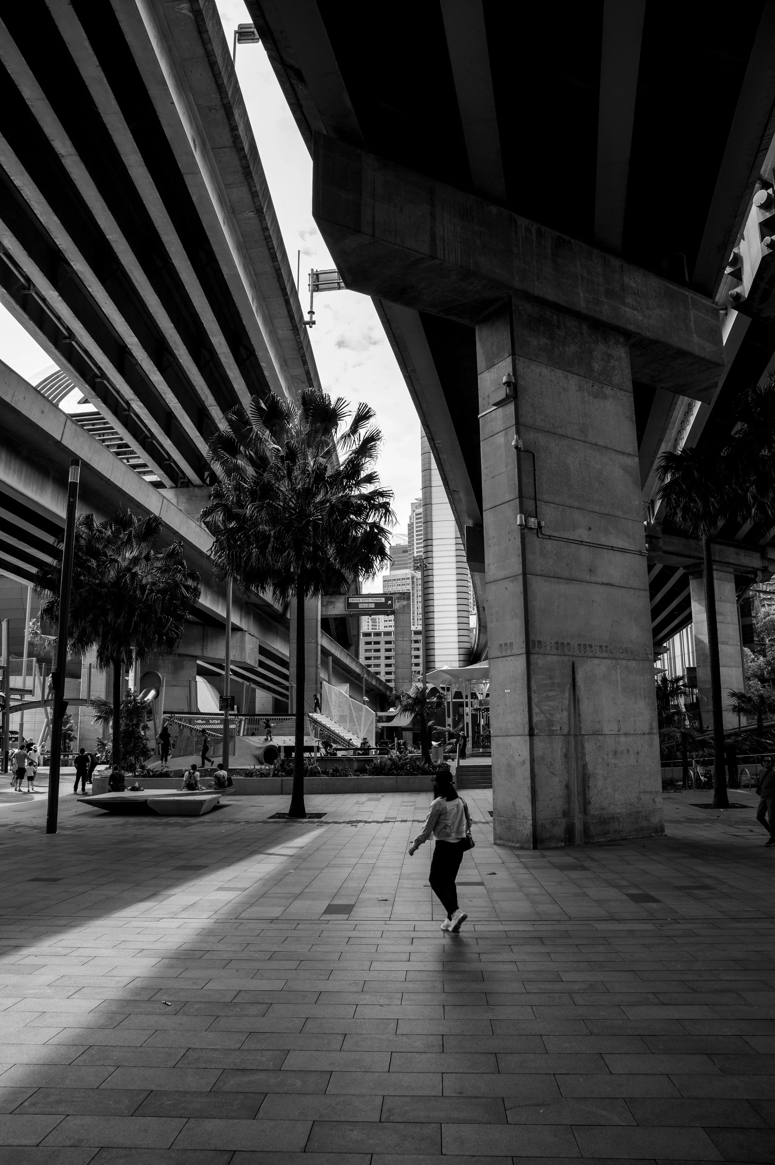 Black and white photo of an urban city scene under elevated highways, with tall buildings in the background. People are walking and sitting in the open area with trees and benches.