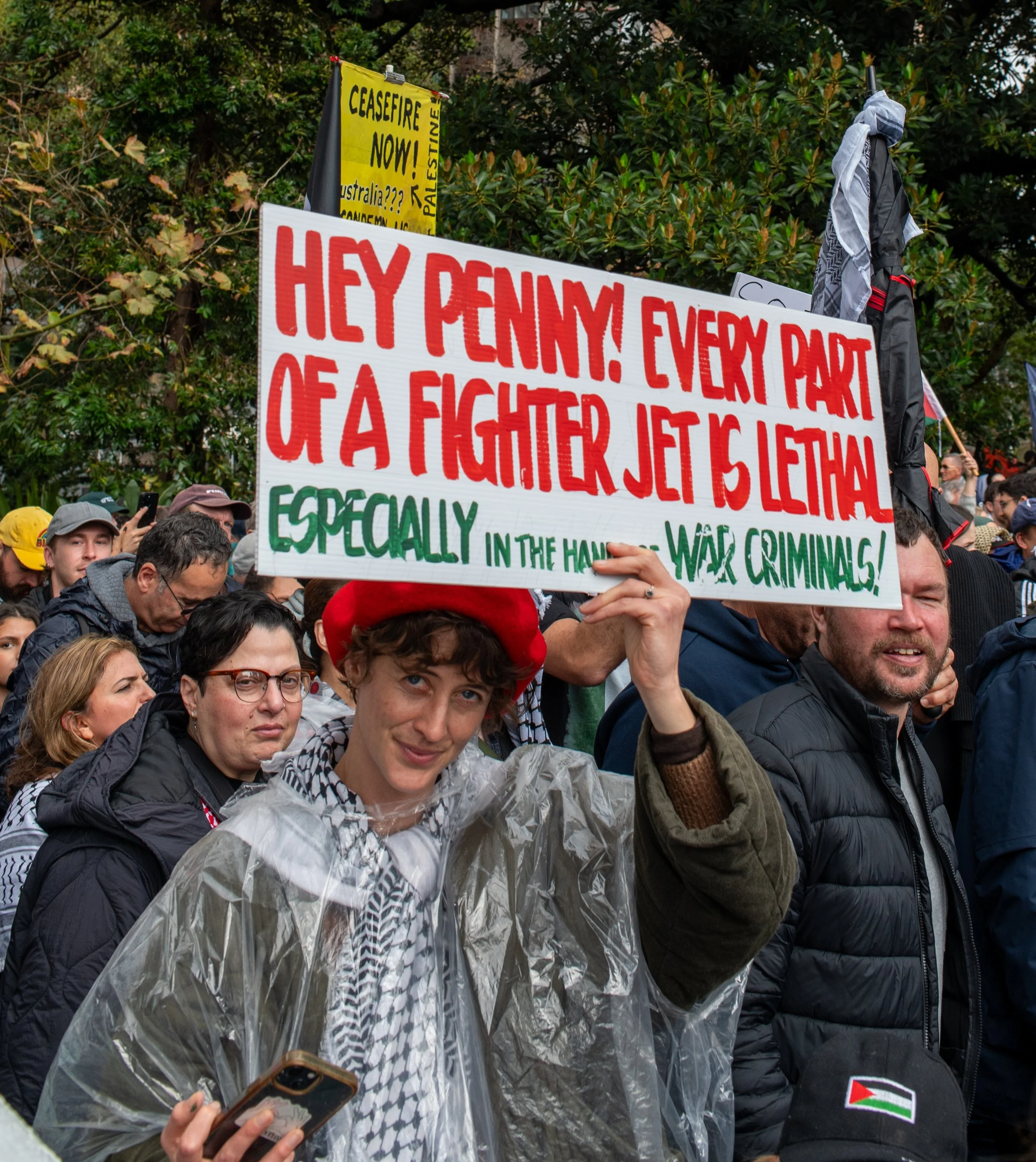 A woman holding a protest sign that reads "Hey Penny! Every part of a fighter jet is lethal especially in the hands of war criminals." She is wearing a red beret and a rain poncho, and is surrounded by a crowd of people protesting. There are trees and other protesters with signs in the background.