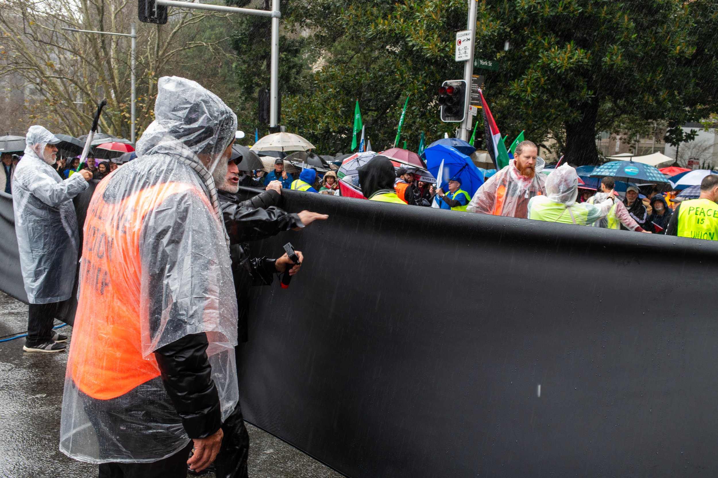 Group of protesters at a rally wearing raincoats and holding umbrellas on a rainy day, with some holding flags and signs.