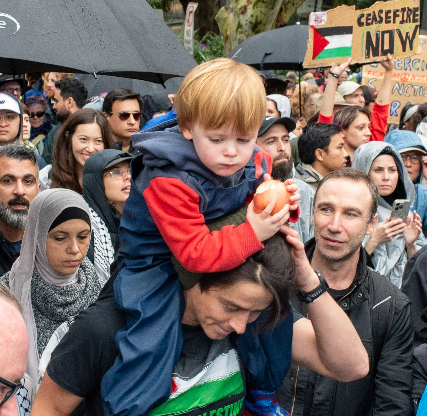 Crowd of people at a protest with a young boy sitting on a woman's shoulders holding an apple, and a sign in the background with a Palestinian flag and the words "Ceasefire Now".