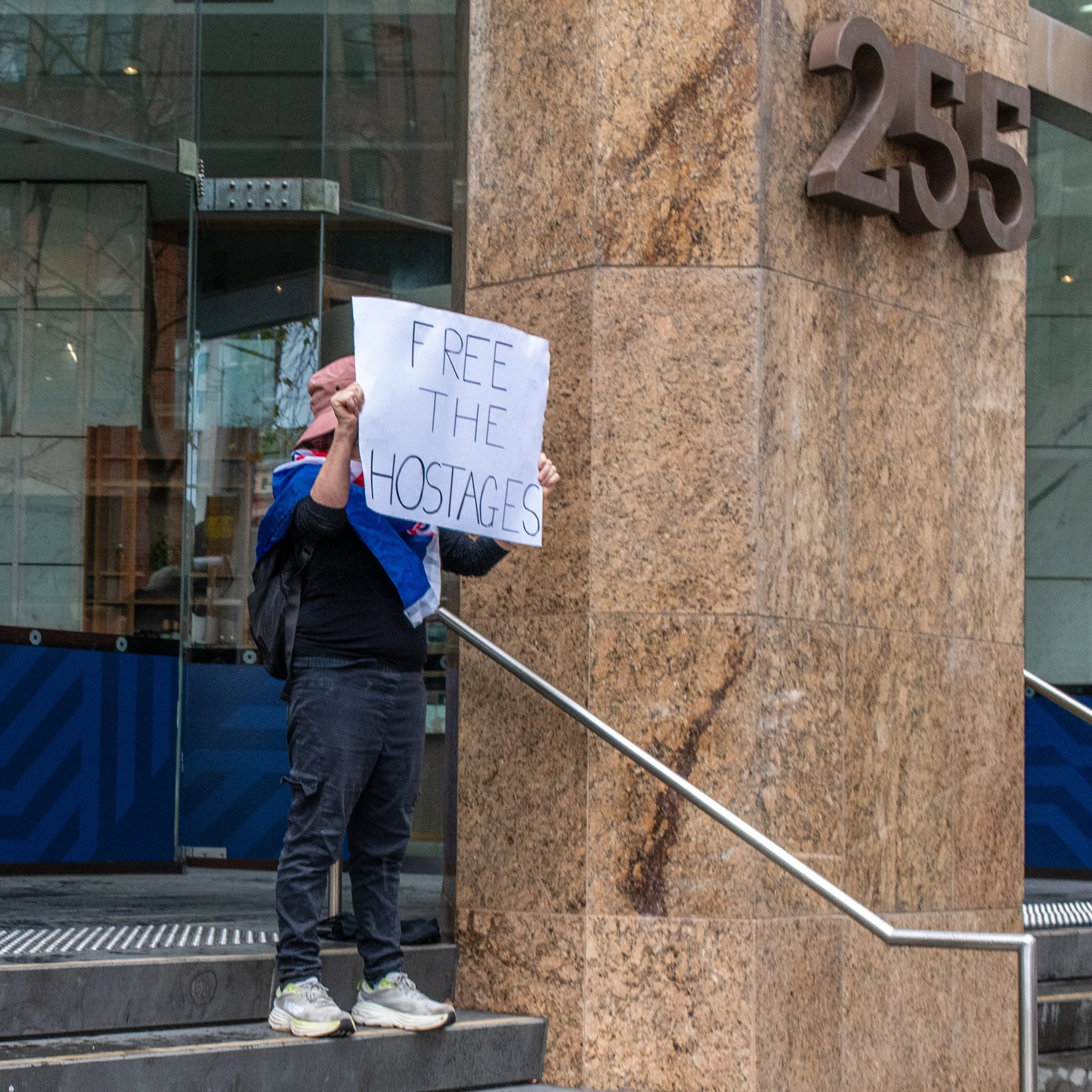 Person standing on city stairs holding a sign that reads "Free the Hostages" outside a building with the number 250 on the wall.